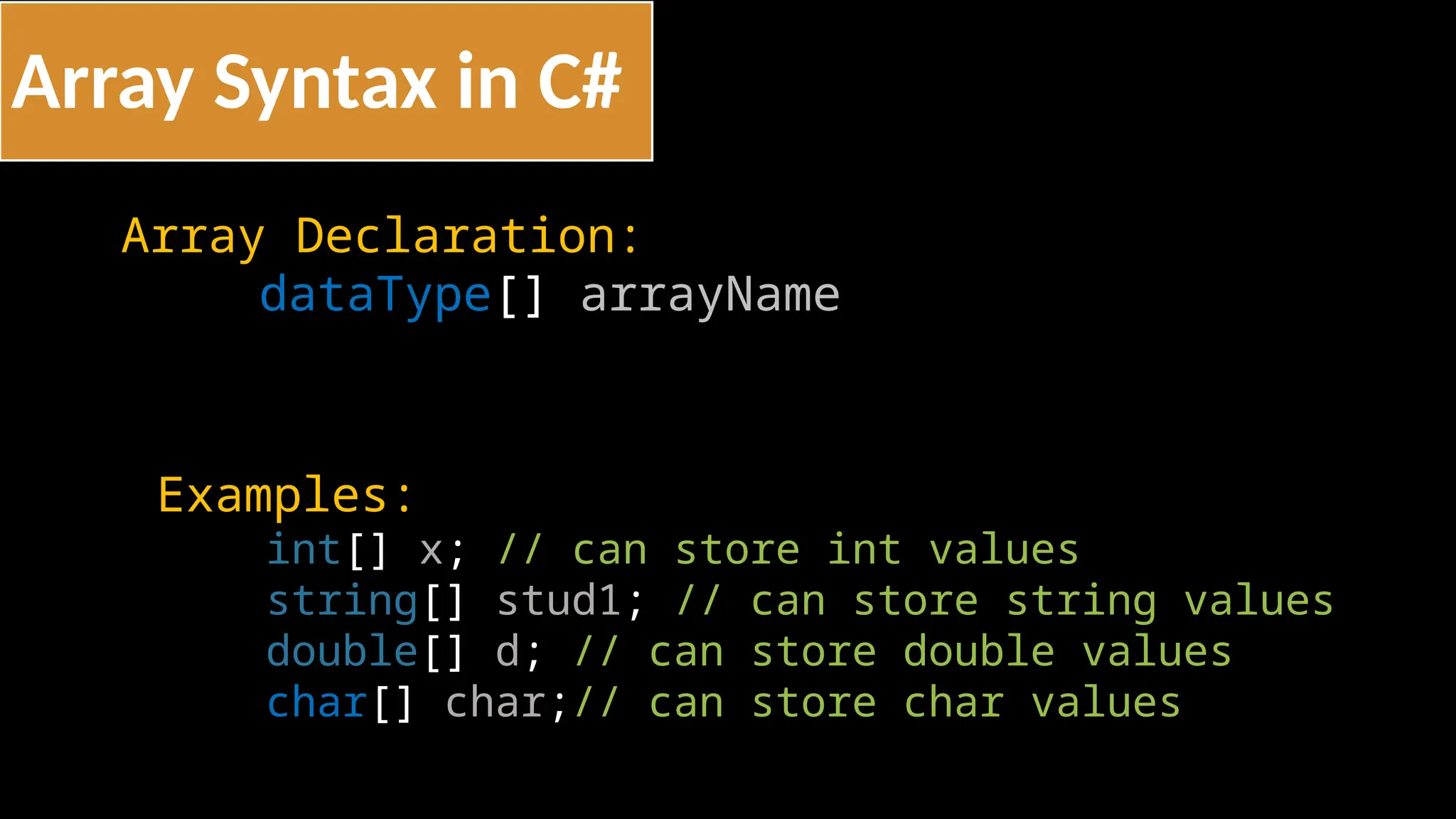 Array Syntax in C#
Array Declaration:
dataType[] arrayName
Examples:
int[] x; // can store int values
string[] stud1; // can store string values
double[] d; // can store double values
char[] char;// can store char values
 