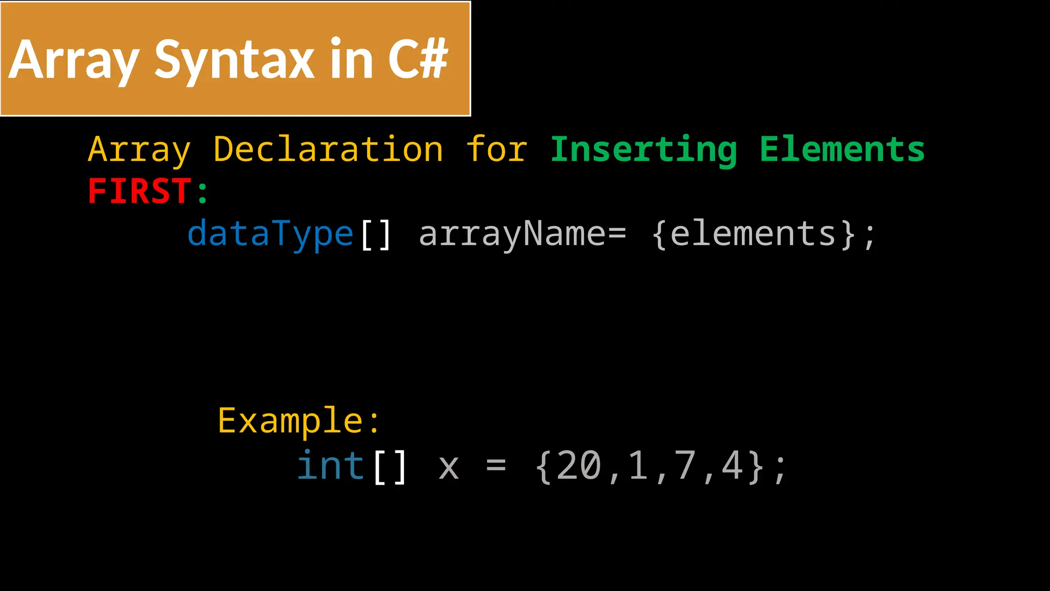 Array Syntax in C#
Array Declaration for Inserting Elements
FIRST:
dataType[] arrayName= {elements};
Example:
int[] x = {20,1,7,4};
 