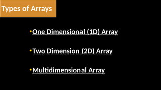 Types of Arrays
•One Dimensional (1D) Array
•Two Dimension (2D) Array
•Multidimensional Array
 