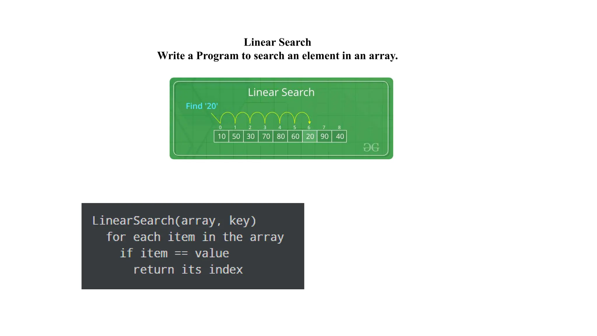 Linear Search
Write a Program to search an element in an array.
 