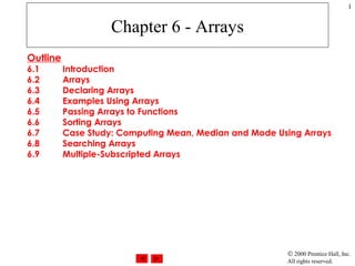 © 2000 Prentice Hall, Inc.
All rights reserved.
1
Chapter 6 - Arrays
Outline
6.1 Introduction
6.2 Arrays
6.3 Declaring Arrays
6.4 Examples Using Arrays
6.5 Passing Arrays to Functions
6.6 Sorting Arrays
6.7 Case Study: Computing Mean, Median and Mode Using Arrays
6.8 Searching Arrays
6.9 Multiple-Subscripted Arrays
 