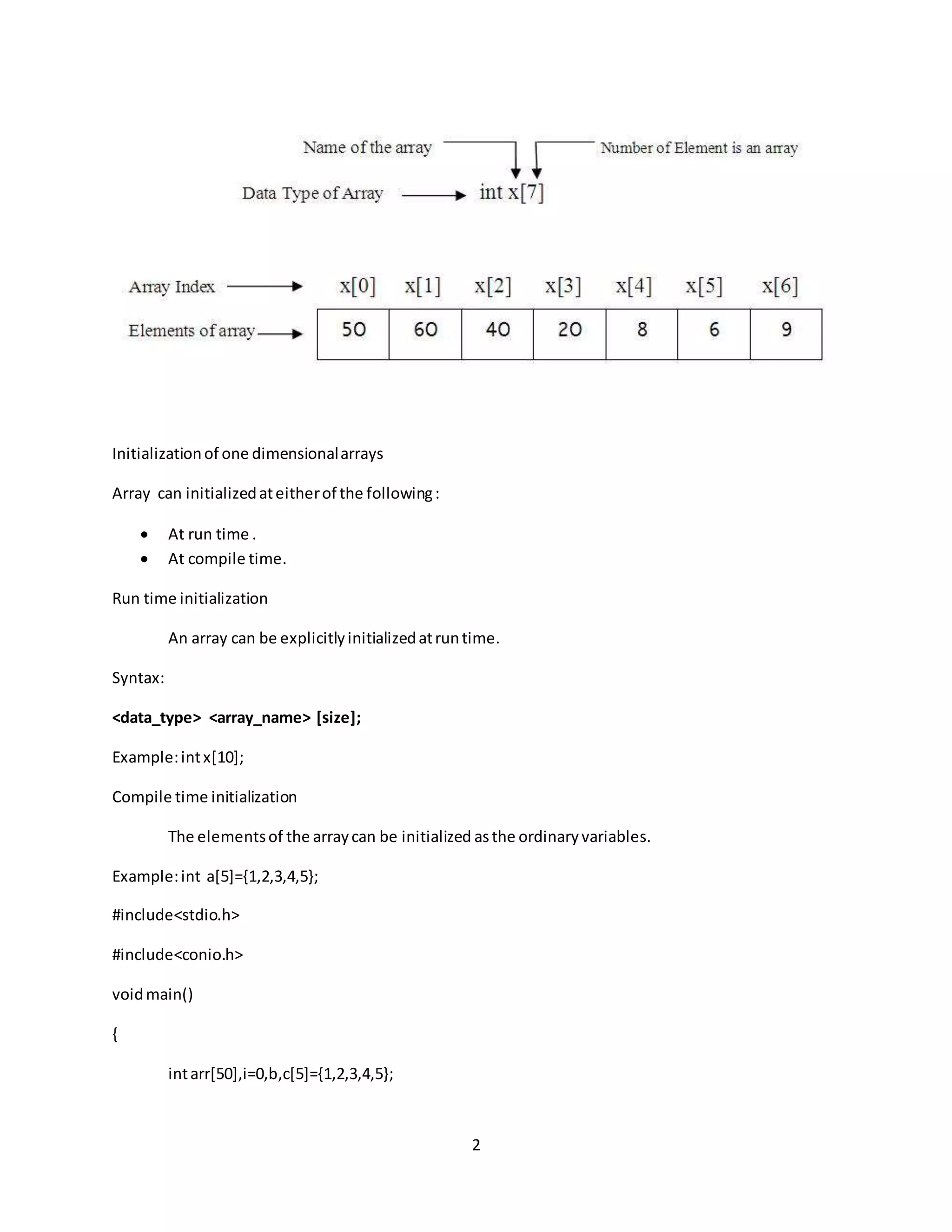 2 Initializationof one dimensionalarrays Array can initializedateitherof the following:  At run time .  At compile time. Run time initialization An array can be explicitlyinitializedatruntime. Syntax: <data_type> <array_name> [size]; Example:intx[10]; Compile time initialization The elementsof the arraycan be initialized asthe ordinaryvariables. Example:int a[5]={1,2,3,4,5}; #include<stdio.h> #include<conio.h> voidmain() { intarr[50],i=0,b,c[5]={1,2,3,4,5}; 