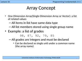University Institute of Information Technology, PMAS-AAUR
Lecture 10: Programming Fundamentals:2012
3
Array Concept
• One-Dimension Array(Single-Dimension Array or Vector): a list
of related values
– All items in list have same data type
– All list members stored using single group name
• Example: a list of grades
98, 87, 92, 79, 85
– All grades are integers and must be declared
• Can be declared as single unit under a common name
(the array name)
 