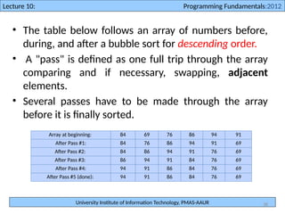 University Institute of Information Technology, PMAS-AAUR
Lecture 10: Programming Fundamentals:2012
38
• The table below follows an array of numbers before,
during, and after a bubble sort for descending order.
• A "pass" is defined as one full trip through the array
comparing and if necessary, swapping, adjacent
elements.
• Several passes have to be made through the array
before it is finally sorted.
Array at beginning: 84 69 76 86 94 91
After Pass #1: 84 76 86 94 91 69
After Pass #2: 84 86 94 91 76 69
After Pass #3: 86 94 91 84 76 69
After Pass #4: 94 91 86 84 76 69
After Pass #5 (done): 94 91 86 84 76 69
 