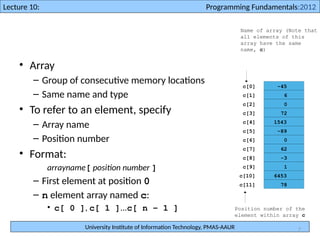 University Institute of Information Technology, PMAS-AAUR
Lecture 10: Programming Fundamentals:2012
7
• Array
– Group of consecutive memory locations
– Same name and type
• To refer to an element, specify
– Array name
– Position number
• Format:
arrayname[ position number ]
– First element at position 0
– n element array named c:
• c[ 0 ], c[ 1 ]...c[ n – 1 ]
Name of array (Note that
all elements of this
array have the same
name, c)
Position number of the
element within array c
c[6]
-45
6
0
72
1543
-89
0
62
-3
1
6453
78
c[0]
c[1]
c[2]
c[3]
c[11]
c[10]
c[9]
c[8]
c[7]
c[5]
c[4]
 
