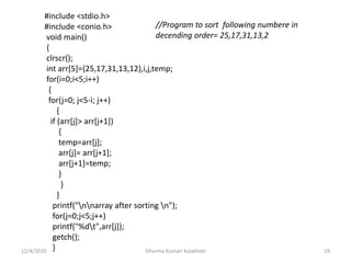 12/4/2020 Dharma Kumari Kalakheti 19
#include <stdio.h>
#include <conio.h>
void main()
{
clrscr();
int arr[5]={25,17,31,13,12},i,j,temp;
for(i=0;i<5;i++)
{
for(j=0; j<5-i; j++)
{
if (arr[j]> arr[j+1])
{
temp=arr[j];
arr[j]= arr[j+1];
arr[j+1]=temp;
}
}
}
printf("nnarray after sorting n");
for(j=0;j<5;j++)
printf("%dt",arr[j]);
getch();
}
//Program to sort following numbere in
decending order= 25,17,31,13,2
 