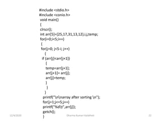 12/4/2020 Dharma Kumari Kalakheti 22
#include <stdio.h>
#include <conio.h>
void main()
{
clrscr();
int arr[5]={25,17,31,13,12},i,j,temp;
for(i=0;i<5;i++)
{
for(j=0; j<5-i; j++)
{
if (arr[j]<arr[j+1])
{
temp=arr[j+1];
arr[j+1]= arr[j];
arr[j]=temp;
}
}
}
printf("nnarray after sorting n");
for(j=1;j<=5;j++)
printf("%dt",arr[j]);
getch();
}
 
