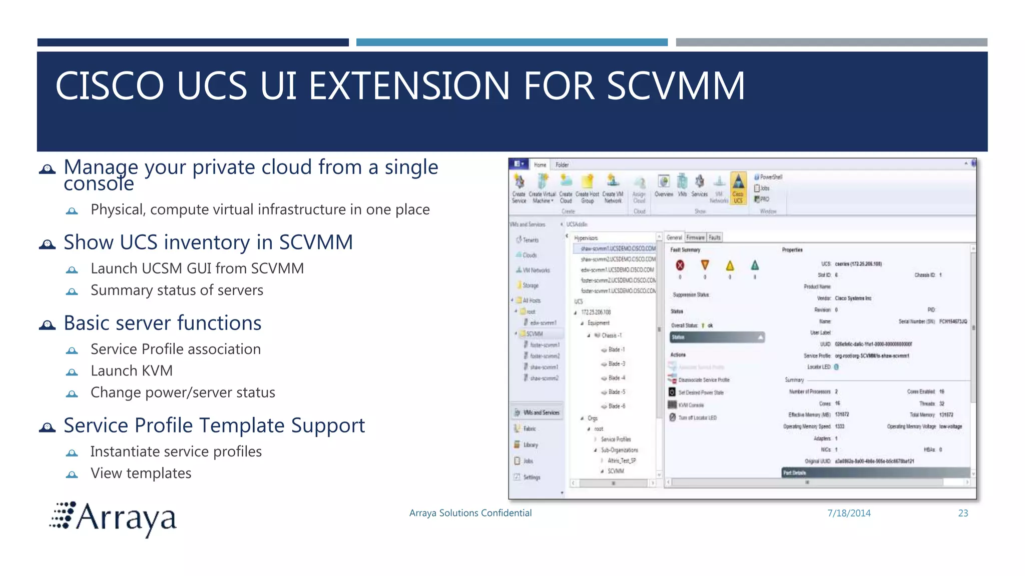 Arraya Solutions Confidential 7/18/2014 23
CISCO UCS UI EXTENSION FOR SCVMM
 Manage your private cloud from a single
console
 Physical, compute virtual infrastructure in one place
 Show UCS inventory in SCVMM
 Launch UCSM GUI from SCVMM
 Summary status of servers
 Basic server functions
 Service Profile association
 Launch KVM
 Change power/server status
 Service Profile Template Support
 Instantiate service profiles
 View templates
 