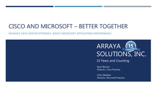 Arraya Solutions Confidential
ARRAYA
SOLUTIONS, INC.
15 Years and Counting
Ryan Benner
Director, Cisco Practice
Chris Meehan
Director, Microsoft Practice
CISCO AND MICROSOFT – BETTER TOGETHER
ENHANCE DATA CENTER EFFICIENCY, BOOST MICROSOFT APPLICATION PERFORMANCE
 