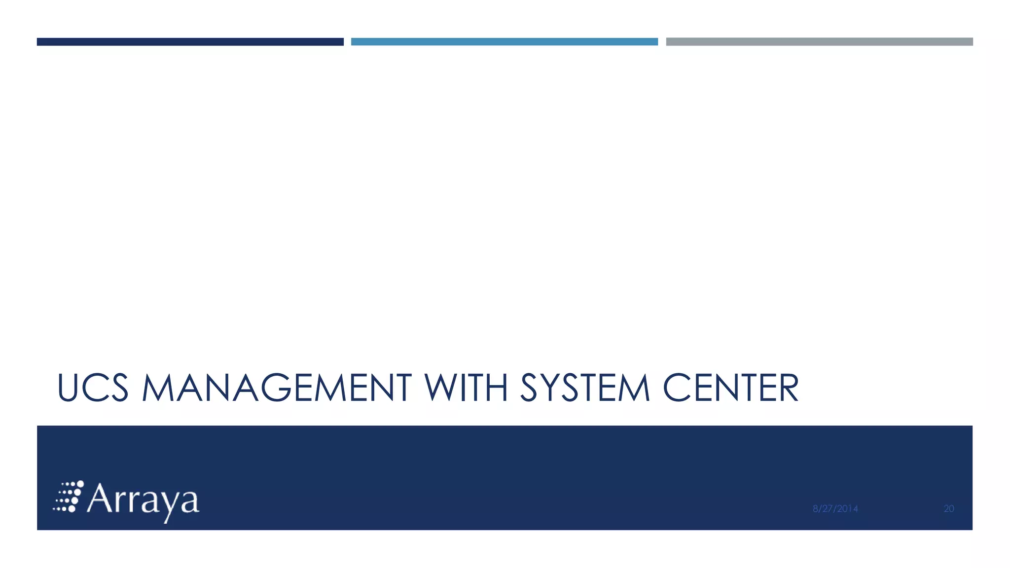 Arraya Solutions Confidential
UCS MANAGEMENT WITH SYSTEM CENTER
8/27/2014 20
 