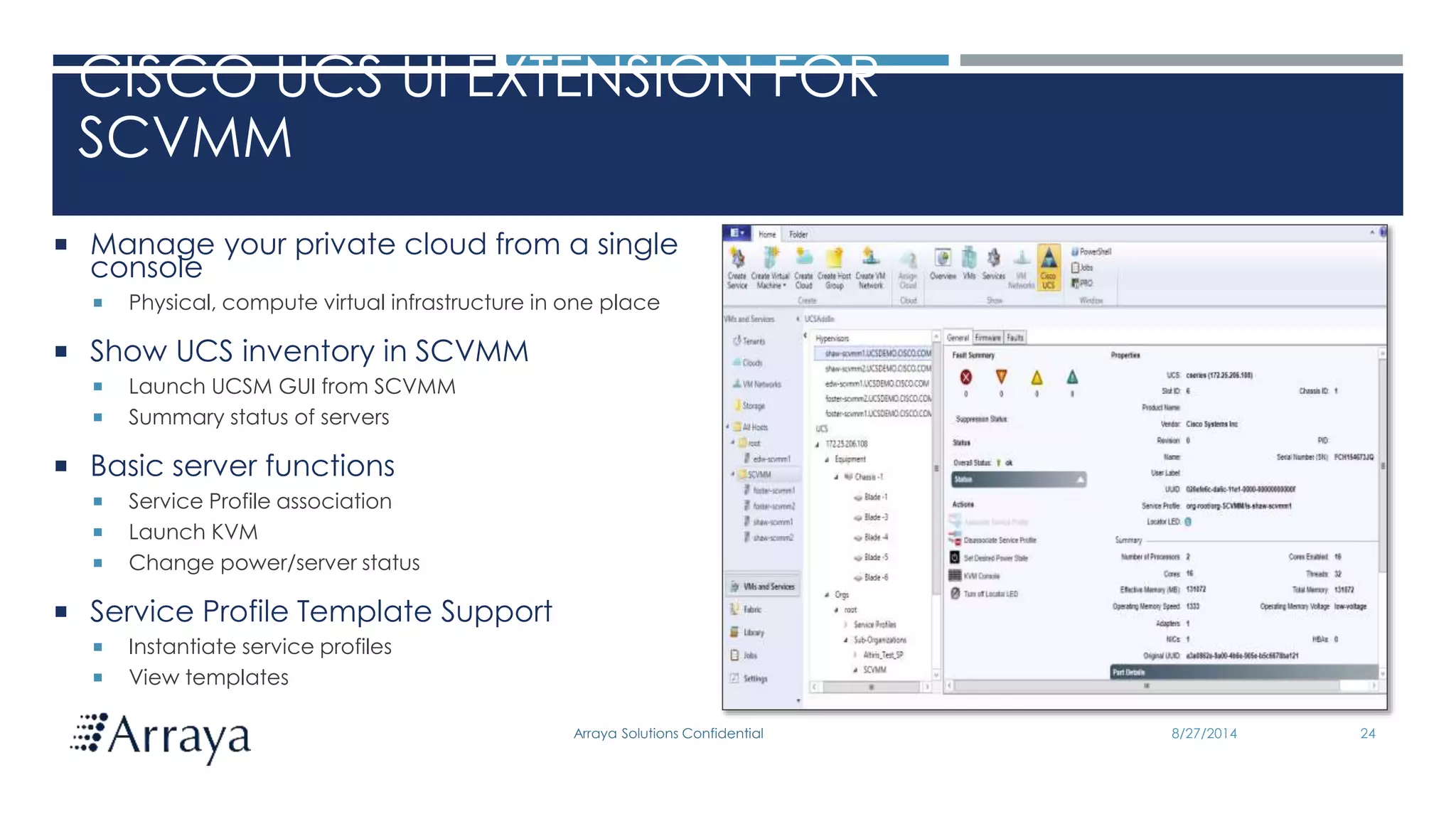 Arraya Solutions Confidential 8/27/2014 24
CISCO UCS UI EXTENSION FOR
SCVMM
 Manage your private cloud from a single
console
 Physical, compute virtual infrastructure in one place
 Show UCS inventory in SCVMM
 Launch UCSM GUI from SCVMM
 Summary status of servers
 Basic server functions
 Service Profile association
 Launch KVM
 Change power/server status
 Service Profile Template Support
 Instantiate service profiles
 View templates
 