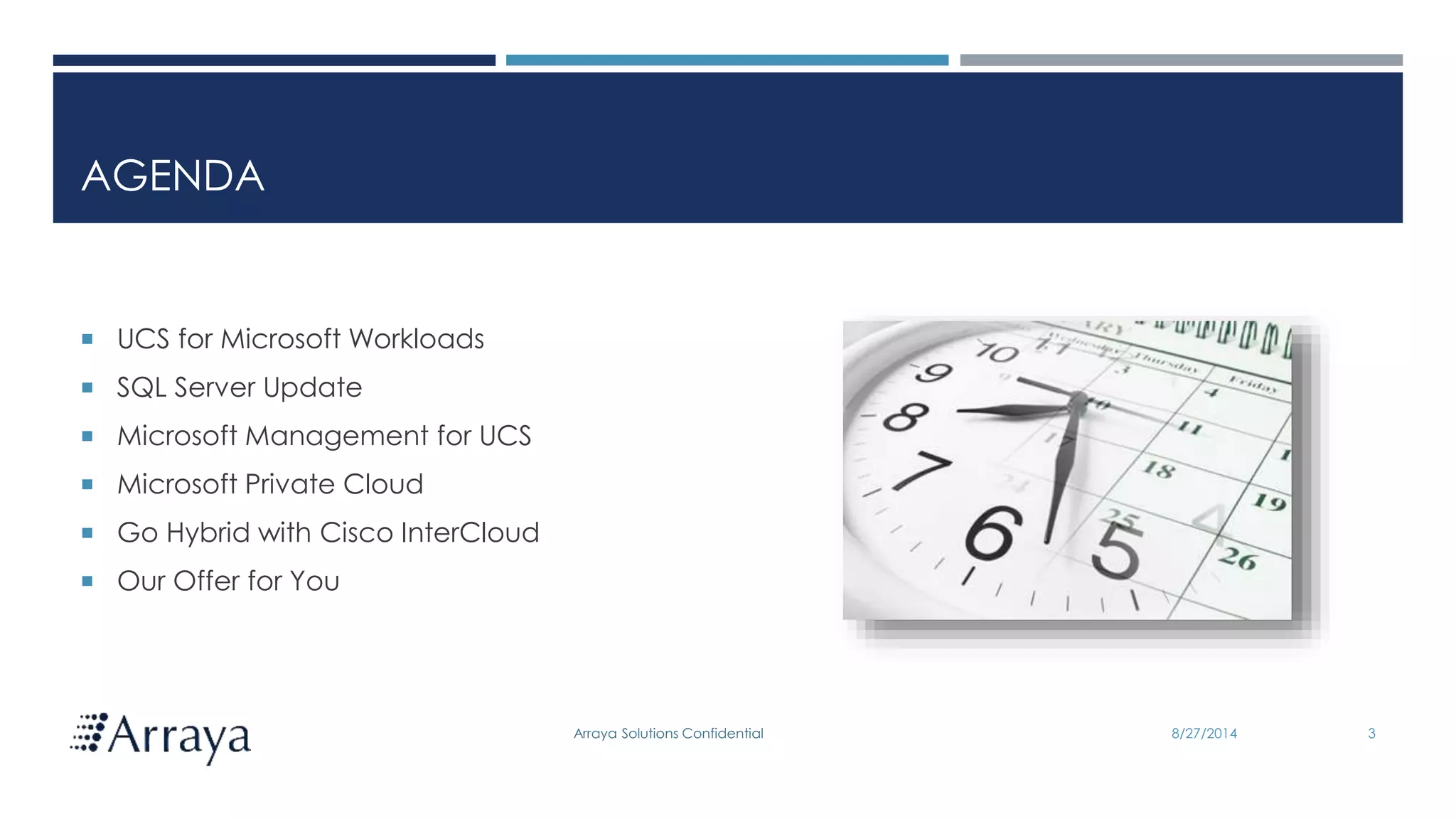 Arraya Solutions Confidential
AGENDA
 UCS for Microsoft Workloads
 SQL Server Update
 Microsoft Management for UCS
 Microsoft Private Cloud
 Go Hybrid with Cisco InterCloud
 Our Offer for You
8/27/2014 3
 
