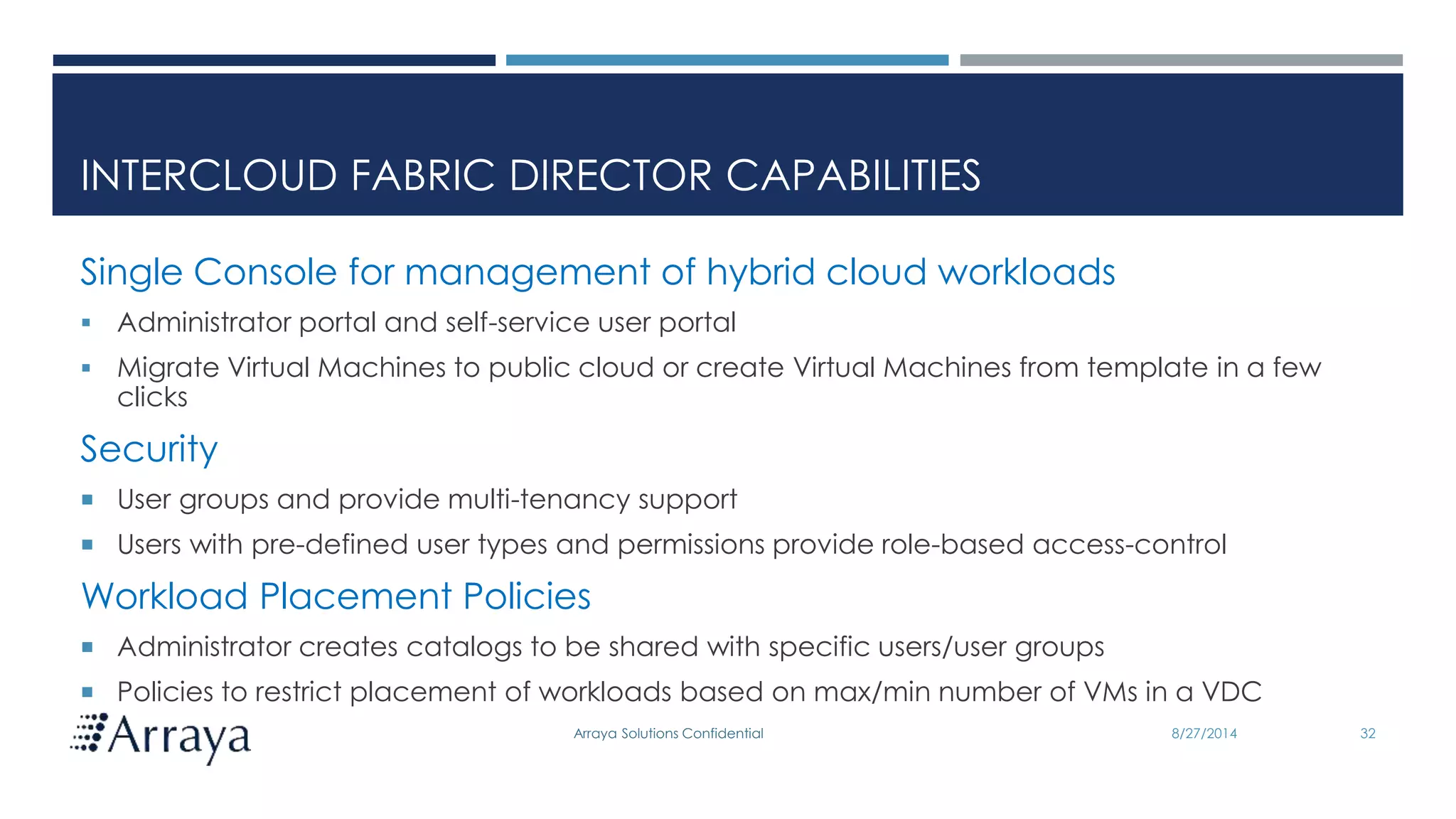 Arraya Solutions Confidential
INTERCLOUD FABRIC DIRECTOR CAPABILITIES
Single Console for management of hybrid cloud workloads
 Administrator portal and self-service user portal
 Migrate Virtual Machines to public cloud or create Virtual Machines from template in a few
clicks
Security
 User groups and provide multi-tenancy support
 Users with pre-defined user types and permissions provide role-based access-control
Workload Placement Policies
 Administrator creates catalogs to be shared with specific users/user groups
 Policies to restrict placement of workloads based on max/min number of VMs in a VDC
8/27/2014 32
 