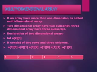 MULTYDIMENSIONAL ARRAY
 If an array have more than one dimension, is called
multi-dimensional array.
 Two dimensional array have two subscript, three
dimensional array have three subscript.
 Declaration of two dimensional array:-
 Int a[2][3]
 It consist of two rows and three colomns.
 a[0][0] a[0][1] a[0][2] a[1][0] a[1][1] a[1][2]
1 2 3 4 5 6
 