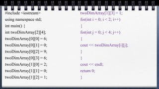 #include <iostream>
using namespace std;
int main() {
int twoDimArray[2][4];
twoDimArray[0][0] = 6;
twoDimArray[0][1] = 0;
twoDimArray[0][2] = 9;
twoDimArray[0][3] = 6;
twoDimArray[1][0] = 2;
twoDimArray[1][1] = 0;
twoDimArray[1][2] = 1;
twoDimArray[1][3] = 1;
for(int i = 0; i < 2; i++)
{
for(int j = 0; j < 4; j++)
{
cout << twoDimArray[i][j];
}
}
cout << endl;
return 0;
}
 