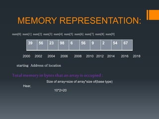 MEMORY REPRESENTATION:
num[0] num[1] num[2] num[3] num[4] num[5] num[6] num[7] num[8] num[9]
2000 2002 2004 2006 2008 2010 2012 2014 2016 2018
starting Address of location
Totalmemoryinbytesthatanarray is occupied:
Size of array=size of array*size of(base type)
Hear,
10*2=20
39 56 23 98 6 56 9 2 54 67
 