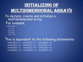Initializing of
           Multidimensional Arrays
To declare, create and initialize a
  multidimensional array.
For example,
     int[][] array = {
       {1, 2, 3},
       {4, 5, 6},
       {7, 8, 9},
       {10, 11, 12}
};

This is equivalent to the following statements:
      array[0][0] = 1;    array[0][1] = 2; array[0][2] = 3;
      array[1][0] = 4;    array[1][1] = 5; array[1][2] = 6;
      array[2][0] = 7;    array[2][1] = 8; array[2][2] = 9;
      array[3][0] = 10;   array[3][1] = 11; array[3][2] = 12;
 