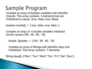 //creates an array of boolean variables with identifier
//results. This array contains 4 elements that are
//initialized to values {true, false, true, false}
boolean results[] = { true, false, true, false };
//creates an array of 4 double variables initialized
//to the values {100, 90, 80, 75};
double []grades = {100, 90, 80, 75};
//creates an array of Strings with identifier days and
//initialized. This array contains 7 elements
String days[]= {“Mon”,“Tue”,“Wed”,“Thu”,“Fri”,“Sat”,“Sun”};

 