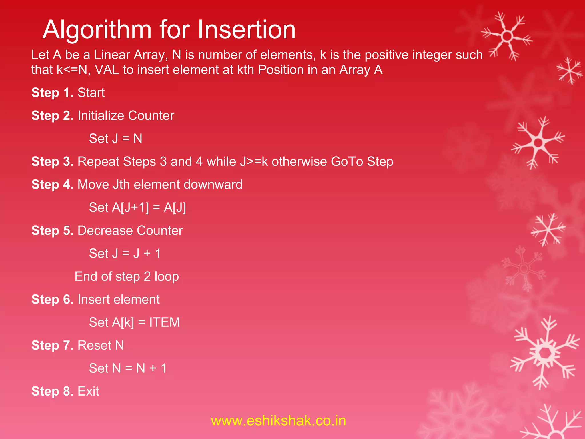 Algorithm for Insertion
Let A be a Linear Array, N is number of elements, k is the positive integer such
that k<=N, VAL to insert element at kth Position in an Array A
Step 1. Start
Step 2. Initialize Counter
          Set J = N
Step 3. Repeat Steps 3 and 4 while J>=k otherwise GoTo Step
Step 4. Move Jth element downward
          Set A[J+1] = A[J]
Step 5. Decrease Counter
          Set J = J + 1
       End of step 2 loop
Step 6. Insert element
          Set A[k] = ITEM
Step 7. Reset N
          Set N = N + 1
Step 8. Exit

                               www.eshikshak.co.in
 