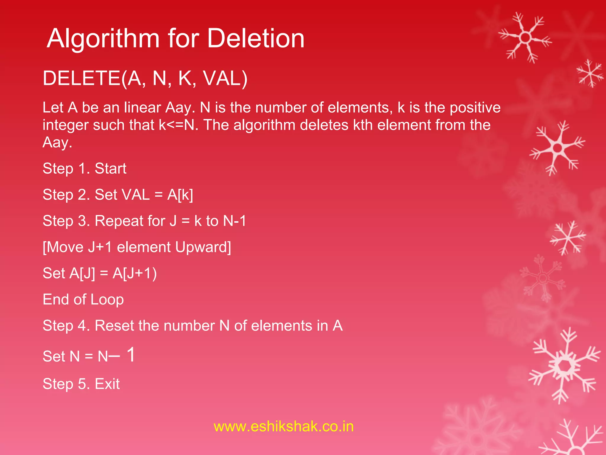 Algorithm for Deletion
DELETE(A, N, K, VAL)
Let A be an linear Aay. N is the number of elements, k is the positive
integer such that k<=N. The algorithm deletes kth element from the
Aay.
Step 1. Start
Step 2. Set VAL = A[k]
Step 3. Repeat for J = k to N-1
[Move J+1 element Upward]
Set A[J] = A[J+1)
End of Loop
Step 4. Reset the number N of elements in A

Set N = N–     1
Step 5. Exit

                          www.eshikshak.co.in
 