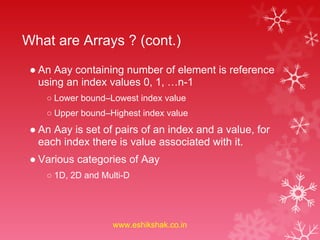 What are Arrays ? (cont.)
 ● An Aay containing number of element is reference
   using an index values 0, 1, …n-1
    ○ Lower bound–Lowest index value
    ○ Upper bound–Highest index value
 ● An Aay is set of pairs of an index and a value, for
   each index there is value associated with it.
 ● Various categories of Aay
    ○ 1D, 2D and Multi-D




                   www.eshikshak.co.in
 