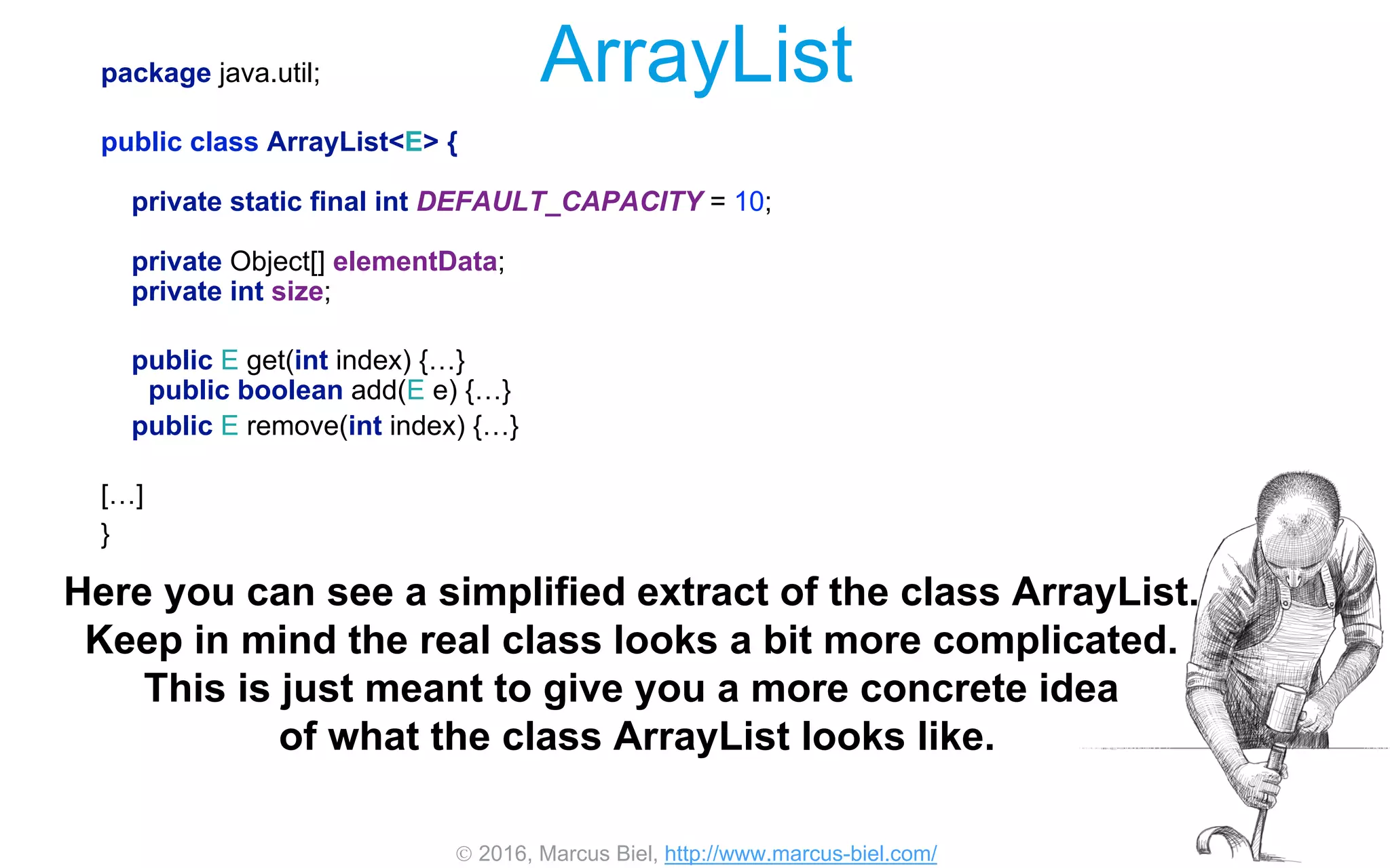  2016, Marcus Biel, http://www.marcus-biel.com/
ArrayListpackage java.util;
public class ArrayList<E> {
private static final int DEFAULT_CAPACITY = 10;
private Object[] elementData;
private int size;
public E get(int index) {…}
public boolean add(E e) {…}
public E remove(int index) {…}
[…]
}
Here you can see a simplified extract of the class ArrayList.
Keep in mind the real class looks a bit more complicated.
This is just meant to give you a more concrete idea
of what the class ArrayList looks like.
 