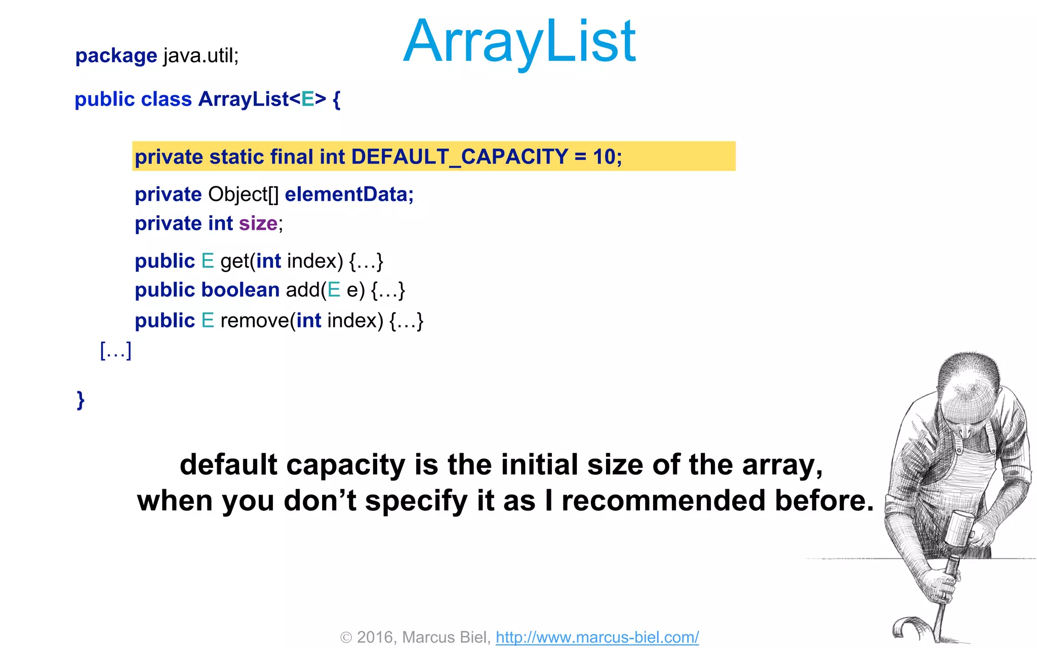  2016, Marcus Biel, http://www.marcus-biel.com/
private static final int DEFAULT_CAPACITY = 10;
private Object[] elementData;
private int size;
public E remove(int index) {…}
public boolean add(E e) {…}
public E get(int index) {…}
package java.util;
public class ArrayList<E> {
[…]
}
ArrayList
default capacity is the initial size of the array,
when you don’t specify it as I recommended before.
 