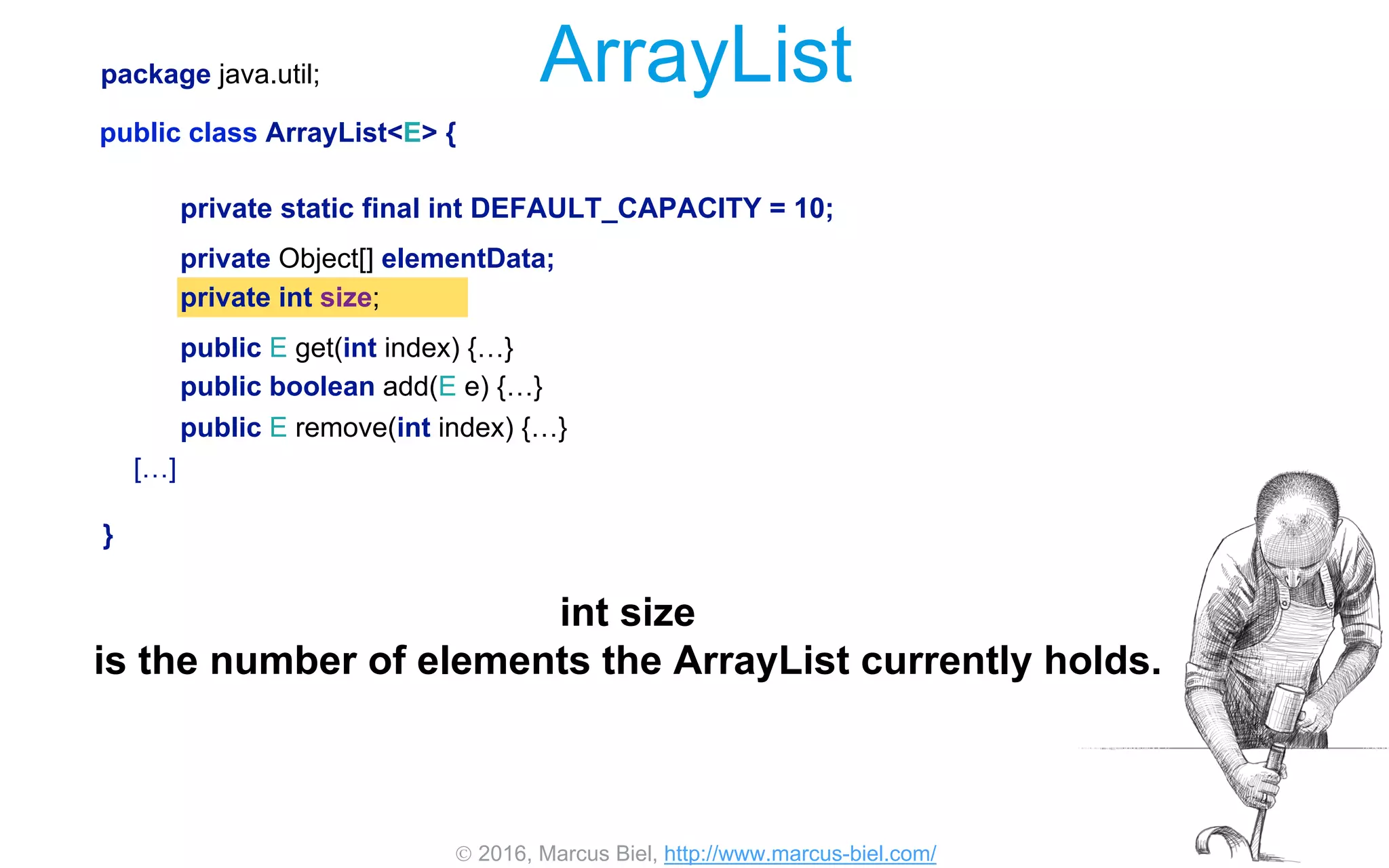  2016, Marcus Biel, http://www.marcus-biel.com/
private Object[] elementData;
private int size;
public E remove(int index) {…}
private static final int DEFAULT_CAPACITY = 10;
public boolean add(E e) {…}
public E get(int index) {…}
package java.util;
public class ArrayList<E> {
[…]
}
ArrayList
int size
is the number of elements the ArrayList currently holds.
 