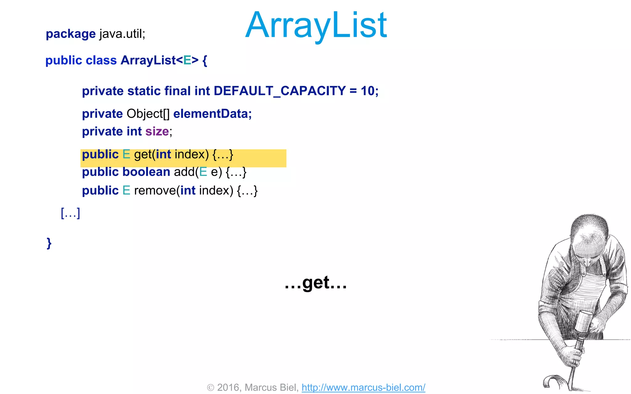  2016, Marcus Biel, http://www.marcus-biel.com/
private Object[] elementData;
private int size;
public E remove(int index) {…}
private static final int DEFAULT_CAPACITY = 10;
public boolean add(E e) {…}
public E get(int index) {…}
package java.util;
public class ArrayList<E> {
[…]
}
ArrayList
…get…
 