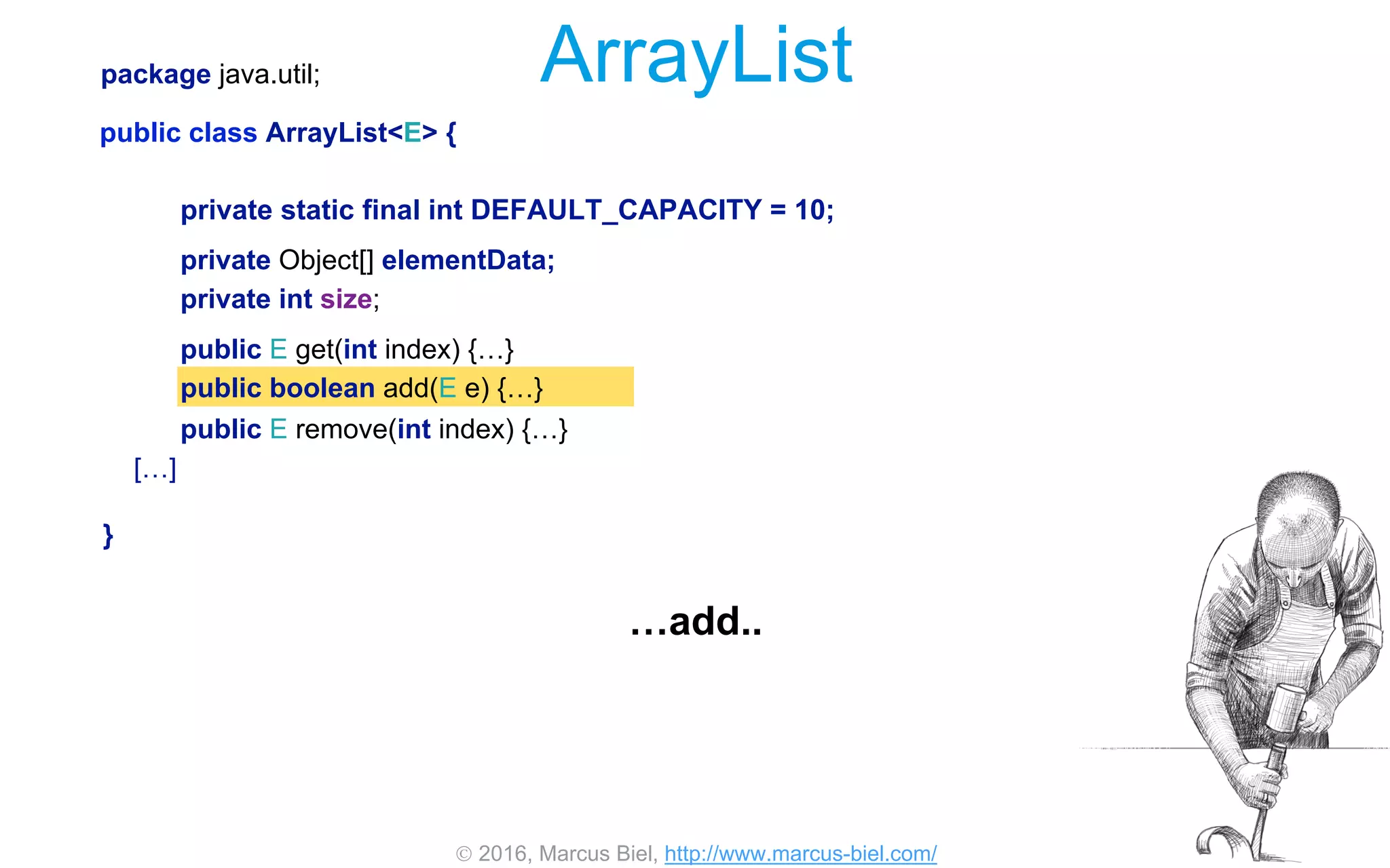  2016, Marcus Biel, http://www.marcus-biel.com/
public boolean add(E e) {…}
private Object[] elementData;
private int size;
public E remove(int index) {…}
private static final int DEFAULT_CAPACITY = 10;
public E get(int index) {…}
package java.util;
public class ArrayList<E> {
[…]
}
ArrayList
…add..
 