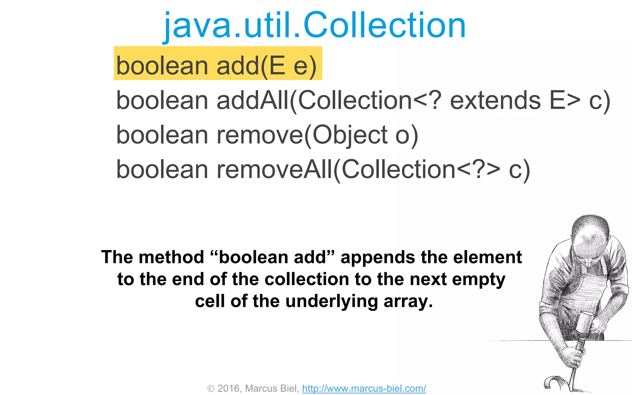  2016, Marcus Biel, http://www.marcus-biel.com/
boolean add(E e)
boolean addAll(Collection<? extends E> c)
boolean remove(Object o)
boolean removeAll(Collection<?> c)
java.util.Collection
The method “boolean add” appends the element
to the end of the collection to the next empty
cell of the underlying array.
 