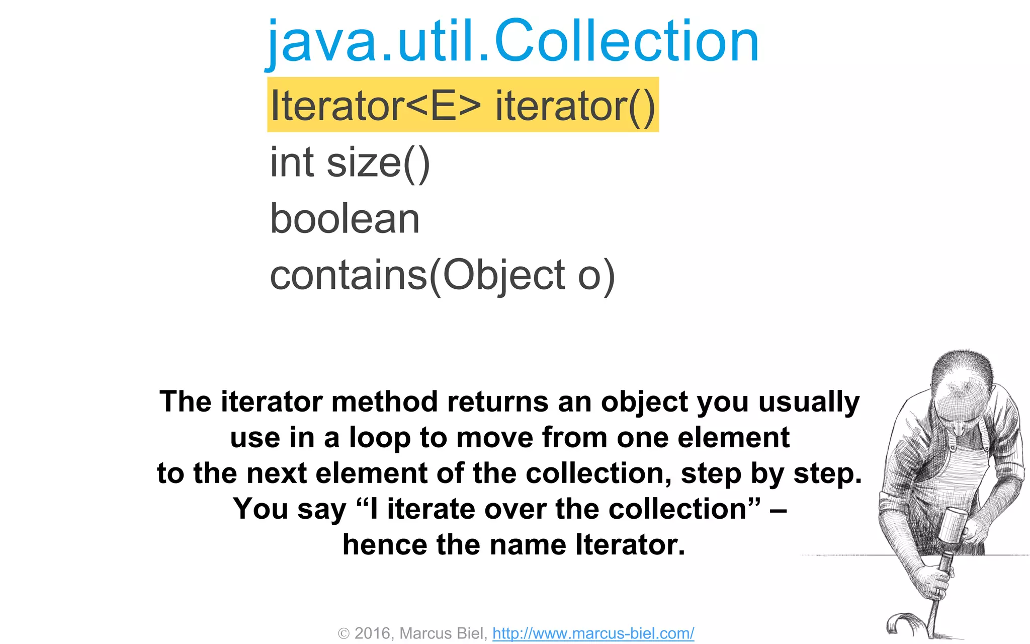  2016, Marcus Biel, http://www.marcus-biel.com/
Iterator<E> iterator()
int size()
boolean
contains(Object o)
java.util.Collection
The iterator method returns an object you usually
use in a loop to move from one element
to the next element of the collection, step by step.
You say “I iterate over the collection” –
hence the name Iterator.
 