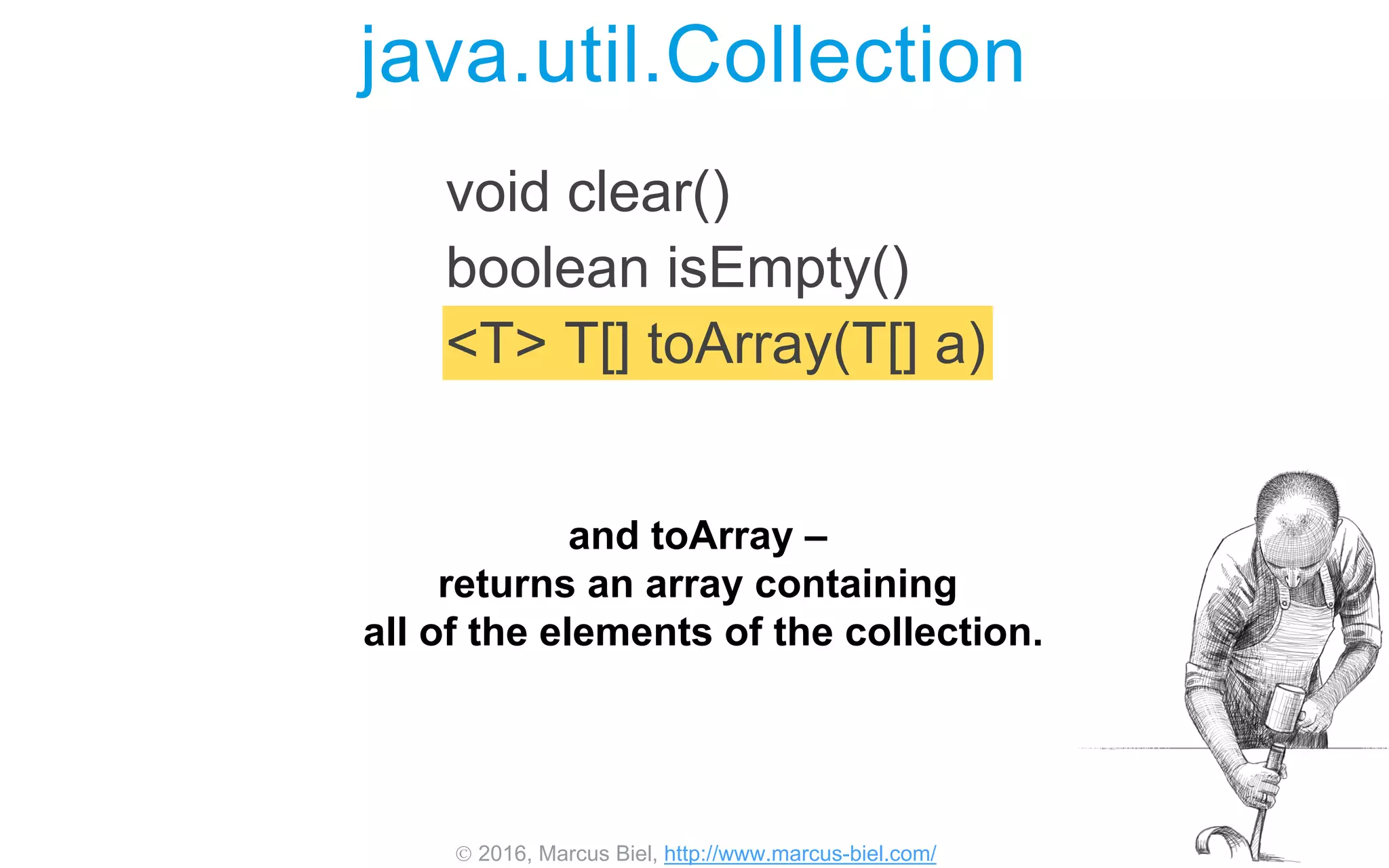  2016, Marcus Biel, http://www.marcus-biel.com/
void clear()
boolean isEmpty()
<T> T[] toArray(T[] a)
java.util.Collection
and toArray –
returns an array containing
all of the elements of the collection.
 