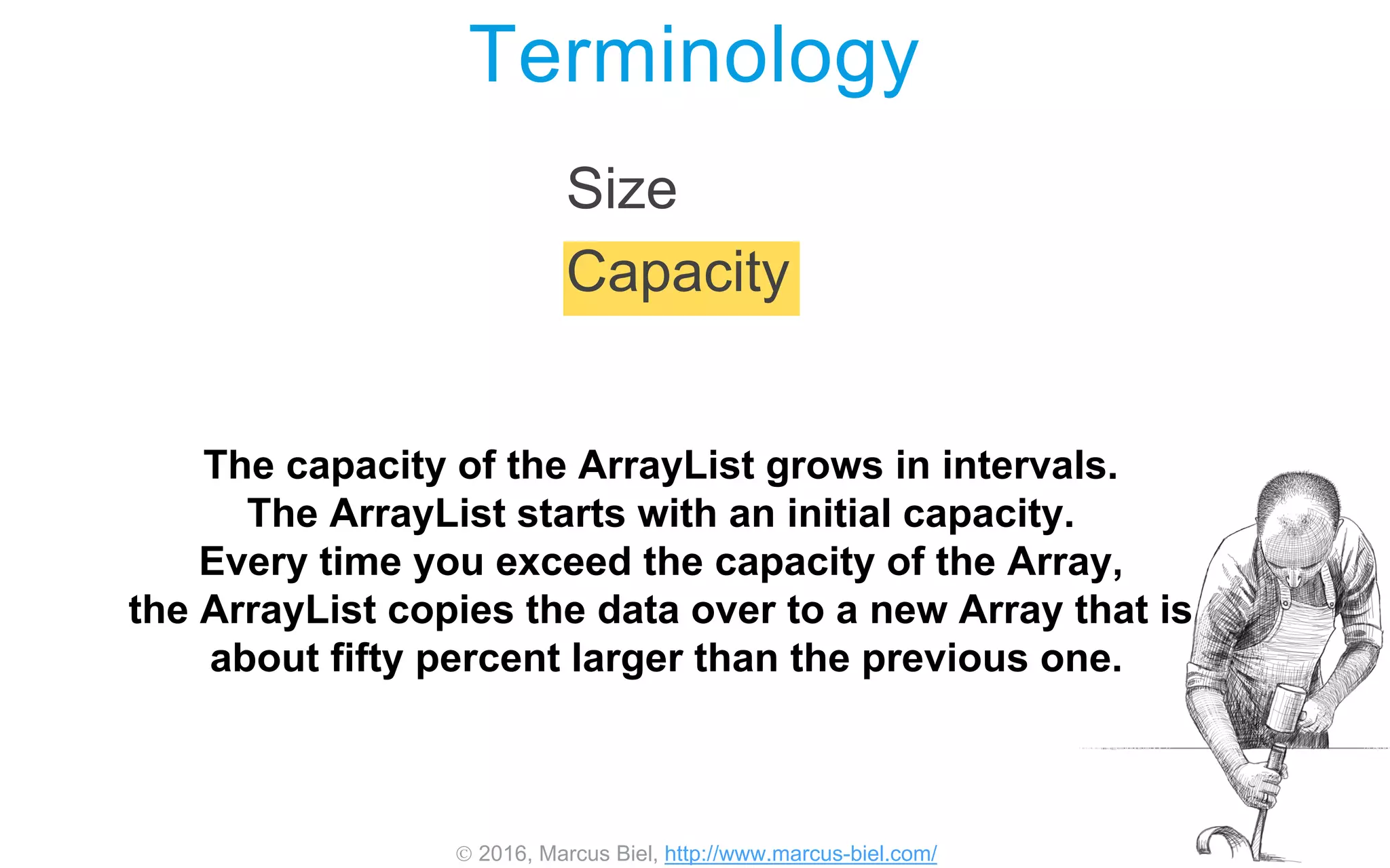  2016, Marcus Biel, http://www.marcus-biel.com/
Terminology
Size
Capacity
The capacity of the ArrayList grows in intervals.
The ArrayList starts with an initial capacity.
Every time you exceed the capacity of the Array,
the ArrayList copies the data over to a new Array that is
about fifty percent larger than the previous one.
 