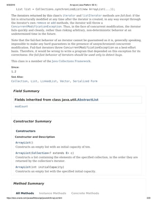 8/30/2016 ArrayList (Java Platform SE 8 )
https://docs.oracle.com/javase/8/docs/api/java/util/ArrayList.html 2/20
List list = Collections.synchronizedList(new ArrayList(...));
The iterators returned by this class's iterator and listIterator methods are fail-fast: if the
list is structurally modified at any time after the iterator is created, in any way except through
the iterator's own remove or add methods, the iterator will throw a
ConcurrentModificationException. Thus, in the face of concurrent modification, the iterator
fails quickly and cleanly, rather than risking arbitrary, non-deterministic behavior at an
undetermined time in the future.
Note that the fail-fast behavior of an iterator cannot be guaranteed as it is, generally speaking,
impossible to make any hard guarantees in the presence of unsynchronized concurrent
modification. Fail-fast iterators throw ConcurrentModificationException on a best-effort
basis. Therefore, it would be wrong to write a program that depended on this exception for its
correctness: the fail-fast behavior of iterators should be used only to detect bugs.
This class is a member of the Java Collections Framework.
Since:
1.2
See Also:
Collection, List, LinkedList, Vector, Serialized Form
Field Summary
Fields inherited from class java.util.AbstractList
modCount
Constructor Summary
Constructor and Description
ArrayList()
Constructs an empty list with an initial capacity of ten.
ArrayList(Collection<? extends E> c)
Constructs a list containing the elements of the specified collection, in the order they are
returned by the collection's iterator.
ArrayList(int initialCapacity)
Constructs an empty list with the specified initial capacity.
Method Summary
Constructors
All Methods Instance Methods Concrete Methods
 