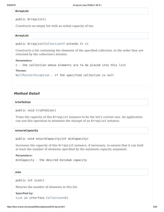 8/30/2016 ArrayList (Java Platform SE 8 )
https://docs.oracle.com/javase/8/docs/api/java/util/ArrayList.html 6/20
ArrayList
public ArrayList()
Constructs an empty list with an initial capacity of ten.
ArrayList
public ArrayList(Collection<? extends E> c)
Constructs a list containing the elements of the specified collection, in the order they are
returned by the collection's iterator.
Parameters:
c - the collection whose elements are to be placed into this list
Throws:
NullPointerException - if the specified collection is null
Method Detail
trimToSize
public void trimToSize()
Trims the capacity of this ArrayList instance to be the list's current size. An application
can use this operation to minimize the storage of an ArrayList instance.
ensureCapacity
public void ensureCapacity(int minCapacity)
Increases the capacity of this ArrayList instance, if necessary, to ensure that it can hold
at least the number of elements specified by the minimum capacity argument.
Parameters:
minCapacity - the desired minimum capacity
size
public int size()
Returns the number of elements in this list.
Specified by:
size in interface Collection<E>
 