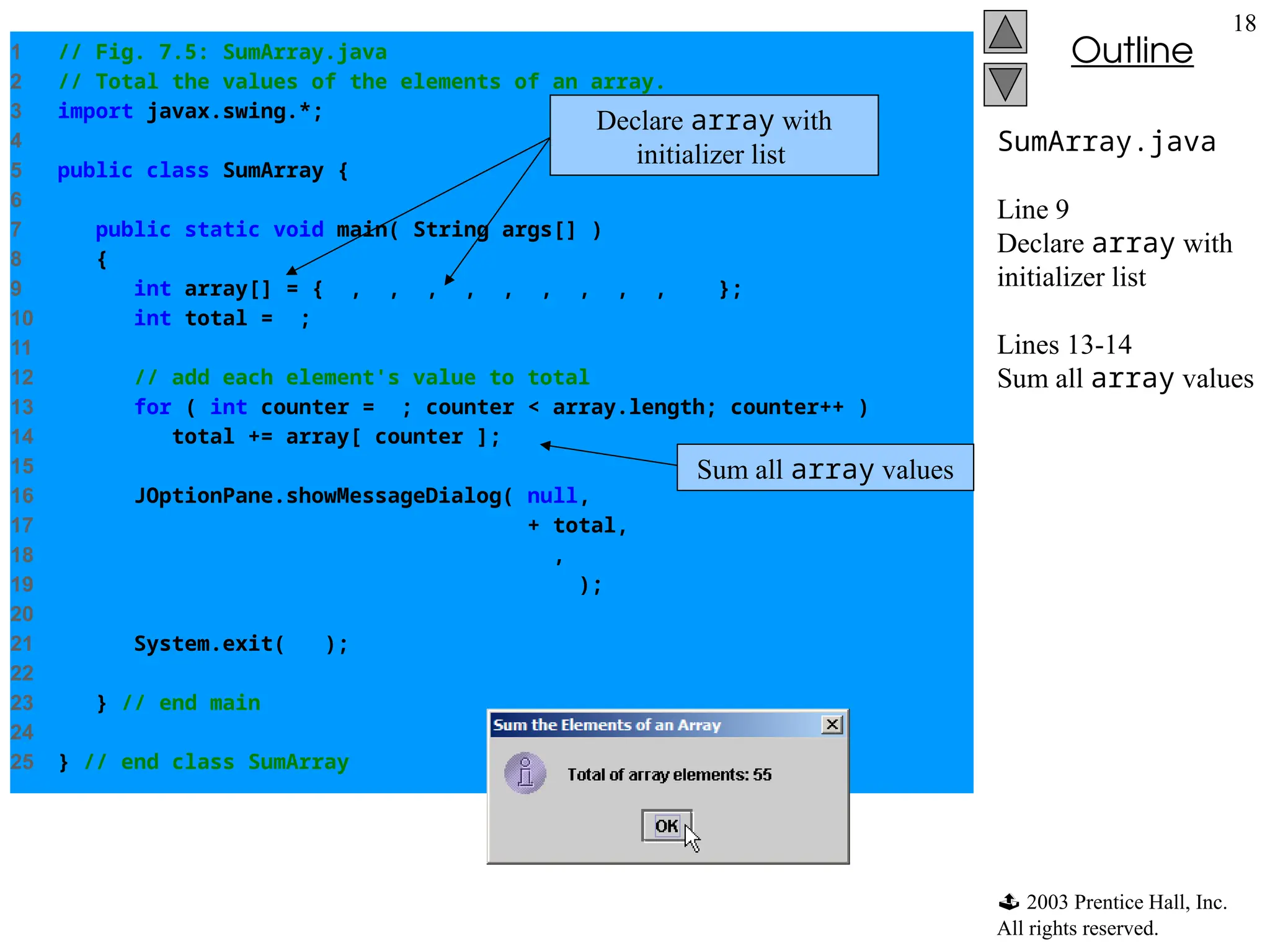  2003 Prentice Hall, Inc.
All rights reserved.
Outline
18
SumArray.java
Line 9
Declare array with
initializer list
Lines 13-14
Sum all array values
1 // Fig. 7.5: SumArray.java
2 // Total the values of the elements of an array.
3 import javax.swing.*;
4
5 public class SumArray {
6
7 public static void main( String args[] )
8 {
9 int array[] = { 1, 2, 3, 4, 5, 6, 7, 8, 9, 10 };
10 int total = 0;
11
12 // add each element's value to total
13 for ( int counter = 0; counter < array.length; counter++ )
14 total += array[ counter ];
15
16 JOptionPane.showMessageDialog( null,
17 "Total of array elements: " + total,
18 "Sum the Elements of an Array",
19 JOptionPane.INFORMATION_MESSAGE );
20
21 System.exit( 0 );
22
23 } // end main
24
25 } // end class SumArray
Declare array with
initializer list
Sum all array values
 