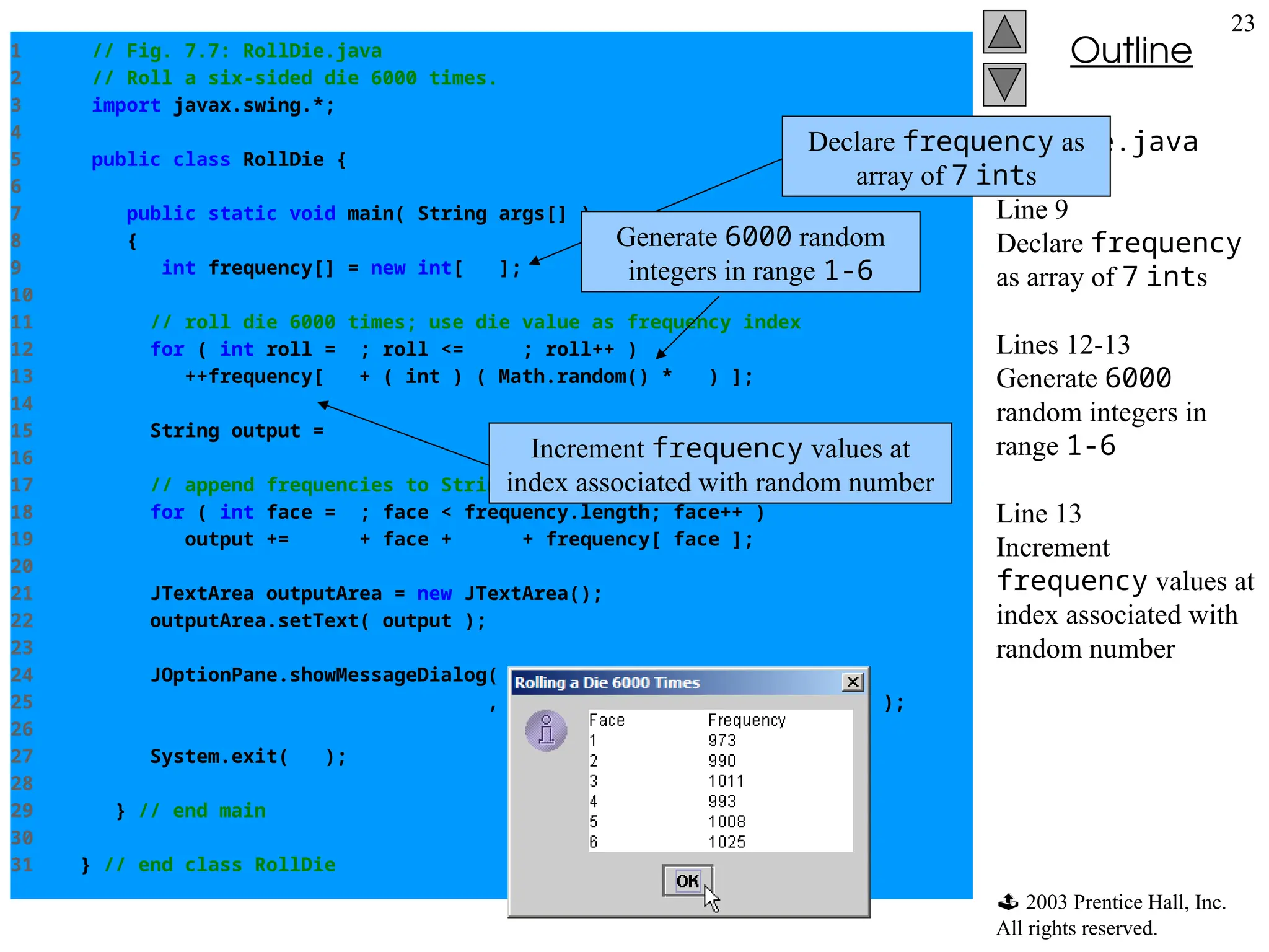  2003 Prentice Hall, Inc.
All rights reserved.
Outline
23
RollDie.java
Line 9
Declare frequency
as array of 7 ints
Lines 12-13
Generate 6000
random integers in
range 1-6
Line 13
Increment
frequency values at
index associated with
random number
1 // Fig. 7.7: RollDie.java
2 // Roll a six-sided die 6000 times.
3 import javax.swing.*;
4
5 public class RollDie {
6
7 public static void main( String args[] )
8 {
9 int frequency[] = new int[ 7 ];
10
11 // roll die 6000 times; use die value as frequency index
12 for ( int roll = 1; roll <= 6000; roll++ )
13 ++frequency[ 1 + ( int ) ( Math.random() * 6 ) ];
14
15 String output = "FacetFrequency";
16
17 // append frequencies to String output
18 for ( int face = 1; face < frequency.length; face++ )
19 output += "n" + face + "t" + frequency[ face ];
20
21 JTextArea outputArea = new JTextArea();
22 outputArea.setText( output );
23
24 JOptionPane.showMessageDialog( null, outputArea,
25 "Rolling a Die 6000 Times", JOptionPane.INFORMATION_MESSAGE );
26
27 System.exit( 0 );
28
29 } // end main
30
31 } // end class RollDie
Declare frequency as
array of 7 ints
Generate 6000 random
integers in range 1-6
Increment frequency values at
index associated with random number
 