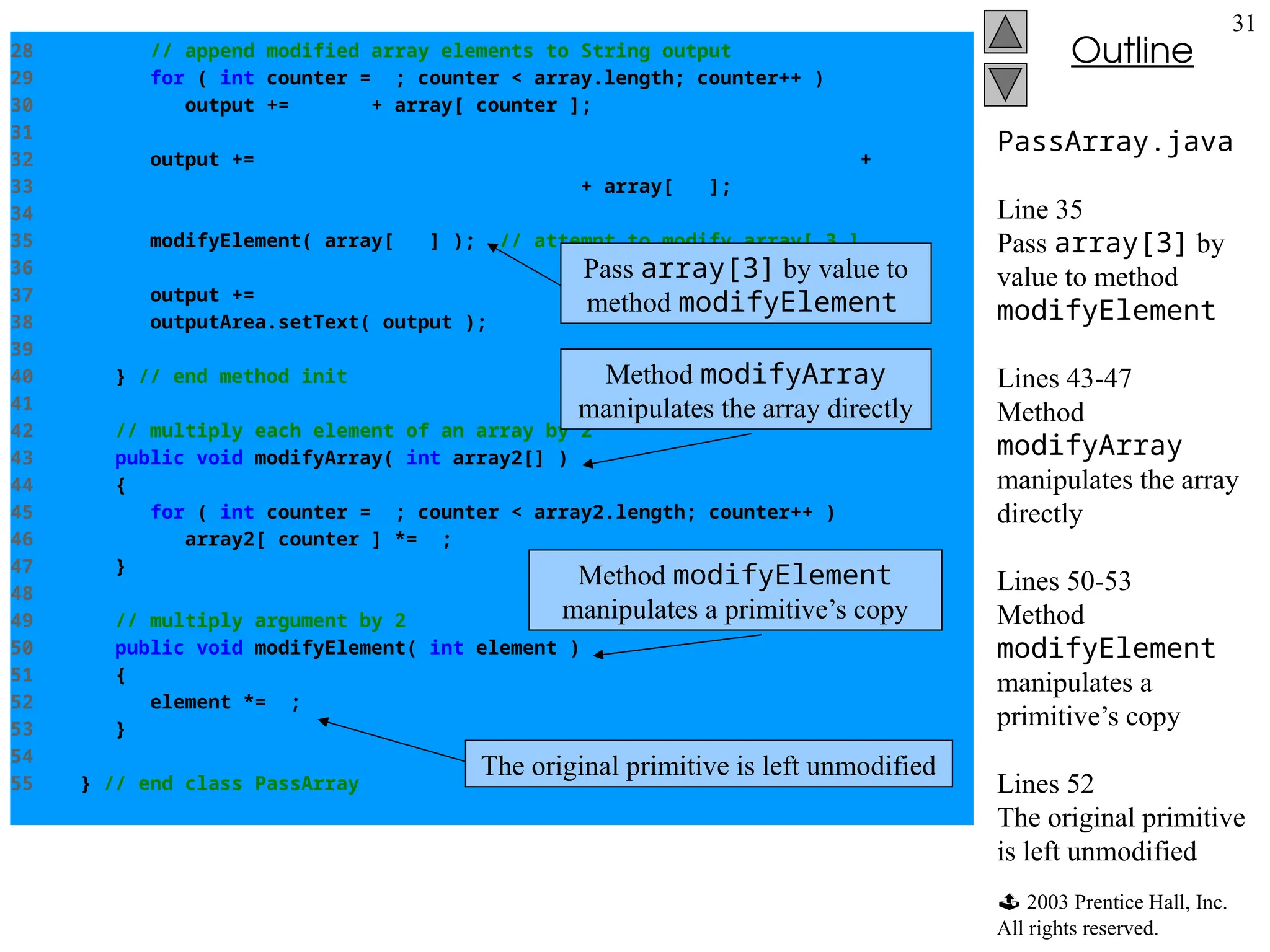  2003 Prentice Hall, Inc.
All rights reserved.
Outline
31
PassArray.java
Line 35
Pass array[3] by
value to method
modifyElement
Lines 43-47
Method
modifyArray
manipulates the array
directly
Lines 50-53
Method
modifyElement
manipulates a
primitive’s copy
Lines 52
The original primitive
is left unmodified
28 // append modified array elements to String output
29 for ( int counter = 0; counter < array.length; counter++ )
30 output += " " + array[ counter ];
31
32 output += "nnEffects of passing array element by value:n" +
33 "array[3] before modifyElement: " + array[ 3 ];
34
35 modifyElement( array[ 3 ] ); // attempt to modify array[ 3 ]
36
37 output += "narray[3] after modifyElement: " + array[ 3 ];
38 outputArea.setText( output );
39
40 } // end method init
41
42 // multiply each element of an array by 2
43 public void modifyArray( int array2[] )
44 {
45 for ( int counter = 0; counter < array2.length; counter++ )
46 array2[ counter ] *= 2;
47 }
48
49 // multiply argument by 2
50 public void modifyElement( int element )
51 {
52 element *= 2;
53 }
54
55 } // end class PassArray
Pass array[3] by value to
method modifyElement
Method modifyArray
manipulates the array directly
Method modifyElement
manipulates a primitive’s copy
The original primitive is left unmodified
 