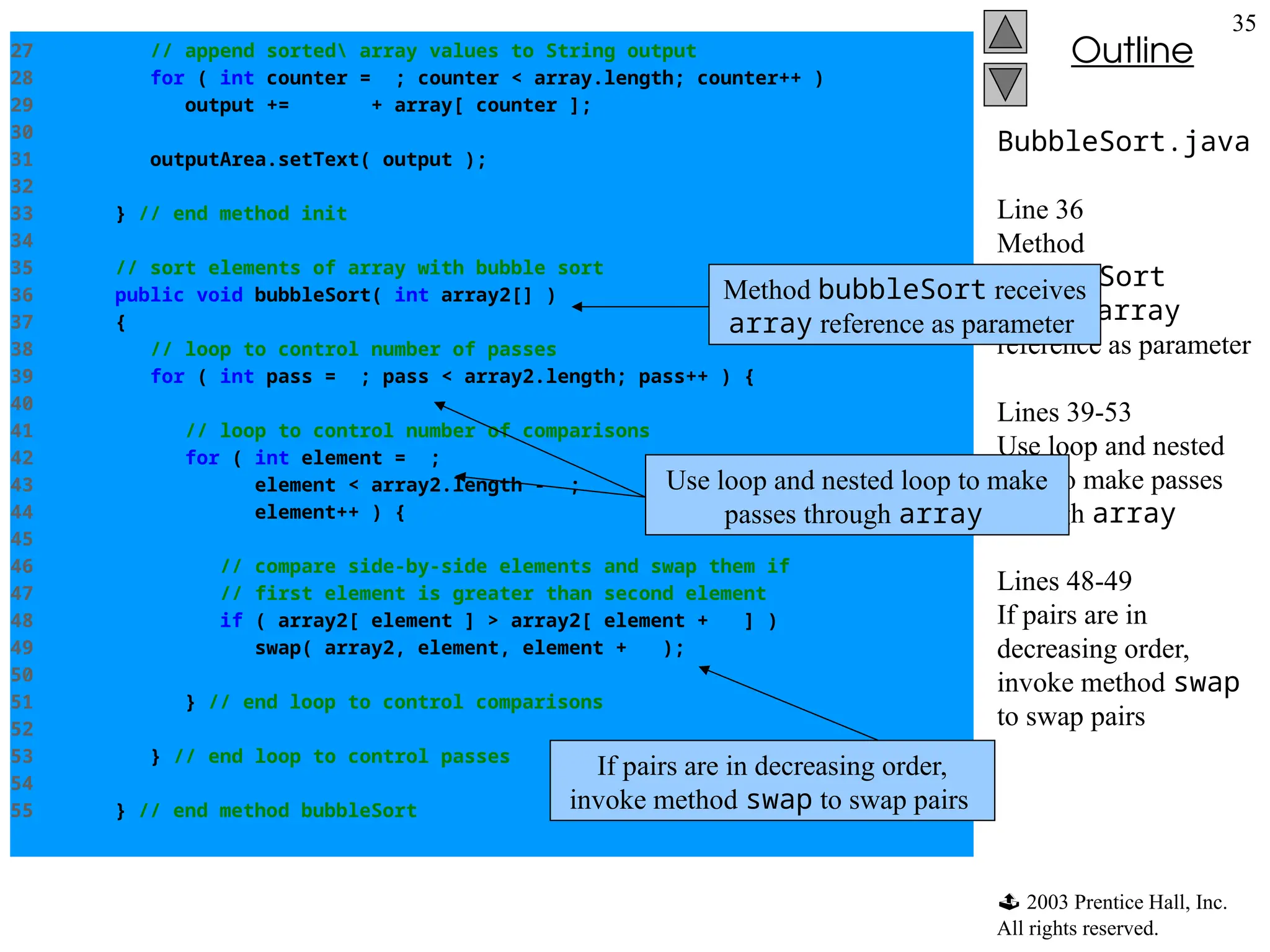  2003 Prentice Hall, Inc.
All rights reserved.
Outline
35
BubbleSort.java
Line 36
Method
bubbleSort
receives array
reference as parameter
Lines 39-53
Use loop and nested
loop to make passes
through array
Lines 48-49
If pairs are in
decreasing order,
invoke method swap
to swap pairs
27 // append sorted array values to String output
28 for ( int counter = 0; counter < array.length; counter++ )
29 output += " " + array[ counter ];
30
31 outputArea.setText( output );
32
33 } // end method init
34
35 // sort elements of array with bubble sort
36 public void bubbleSort( int array2[] )
37 {
38 // loop to control number of passes
39 for ( int pass = 1; pass < array2.length; pass++ ) {
40
41 // loop to control number of comparisons
42 for ( int element = 0;
43 element < array2.length - 1;
44 element++ ) {
45
46 // compare side-by-side elements and swap them if
47 // first element is greater than second element
48 if ( array2[ element ] > array2[ element + 1 ] )
49 swap( array2, element, element + 1 );
50
51 } // end loop to control comparisons
52
53 } // end loop to control passes
54
55 } // end method bubbleSort
Method bubbleSort receives
array reference as parameter
Use loop and nested loop to make
passes through array
If pairs are in decreasing order,
invoke method swap to swap pairs
 
