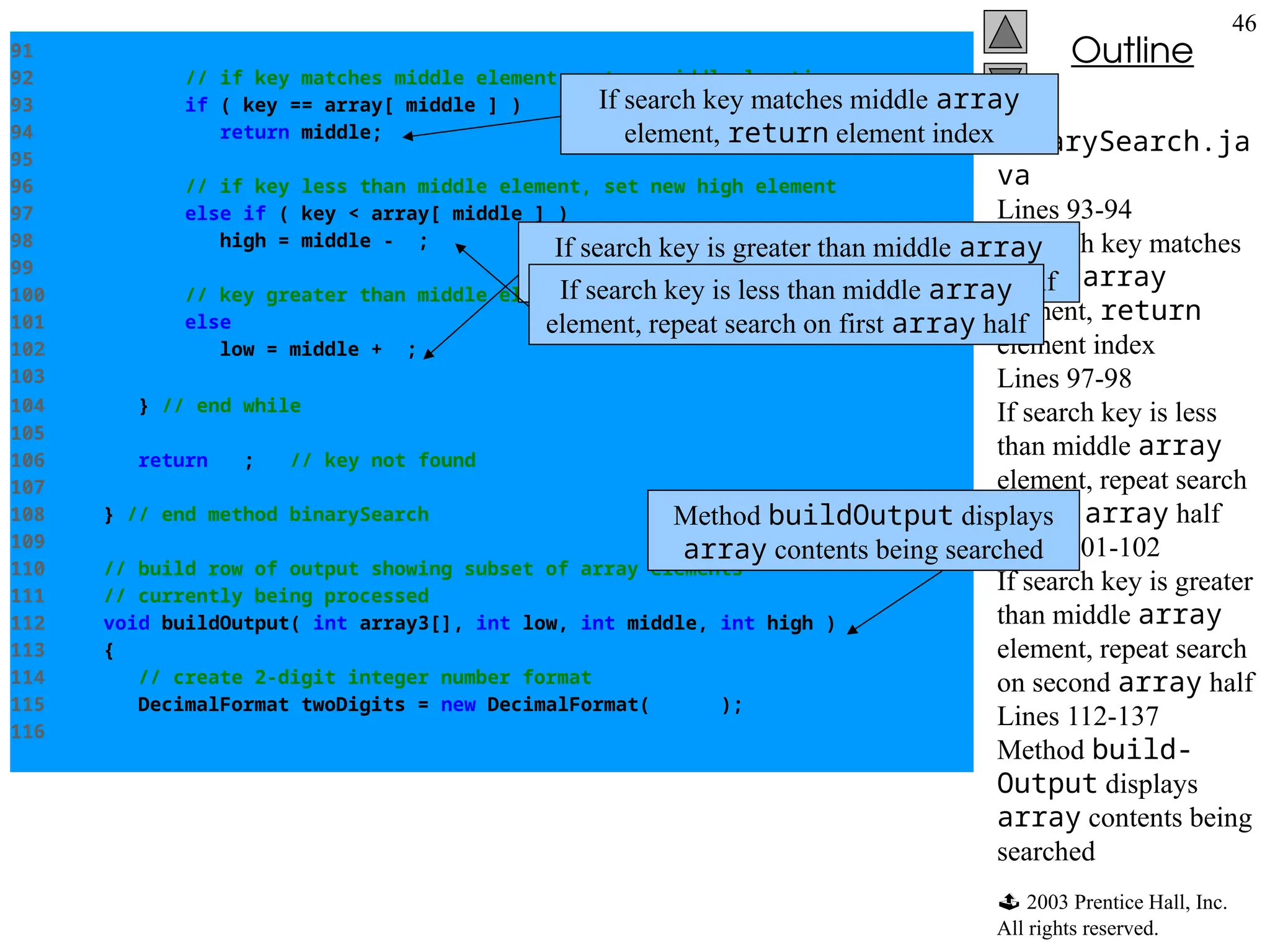  2003 Prentice Hall, Inc.
All rights reserved.
Outline
46
BinarySearch.ja
va
Lines 93-94
If search key matches
middle array
element, return
element index
Lines 97-98
If search key is less
than middle array
element, repeat search
on first array half
Lines 101-102
If search key is greater
than middle array
element, repeat search
on second array half
Lines 112-137
Method build-
Output displays
array contents being
searched
91
92 // if key matches middle element, return middle location
93 if ( key == array[ middle ] )
94 return middle;
95
96 // if key less than middle element, set new high element
97 else if ( key < array[ middle ] )
98 high = middle - 1;
99
100 // key greater than middle element, set new low element
101 else
102 low = middle + 1;
103
104 } // end while
105
106 return -1; // key not found
107
108 } // end method binarySearch
109
110 // build row of output showing subset of array elements
111 // currently being processed
112 void buildOutput( int array3[], int low, int middle, int high )
113 {
114 // create 2-digit integer number format
115 DecimalFormat twoDigits = new DecimalFormat( "00" );
116
If search key matches middle array
element, return element index
If search key is greater than middle array
element, repeat search on second array half
If search key is less than middle array
element, repeat search on first array half
Method buildOutput displays
array contents being searched
 
