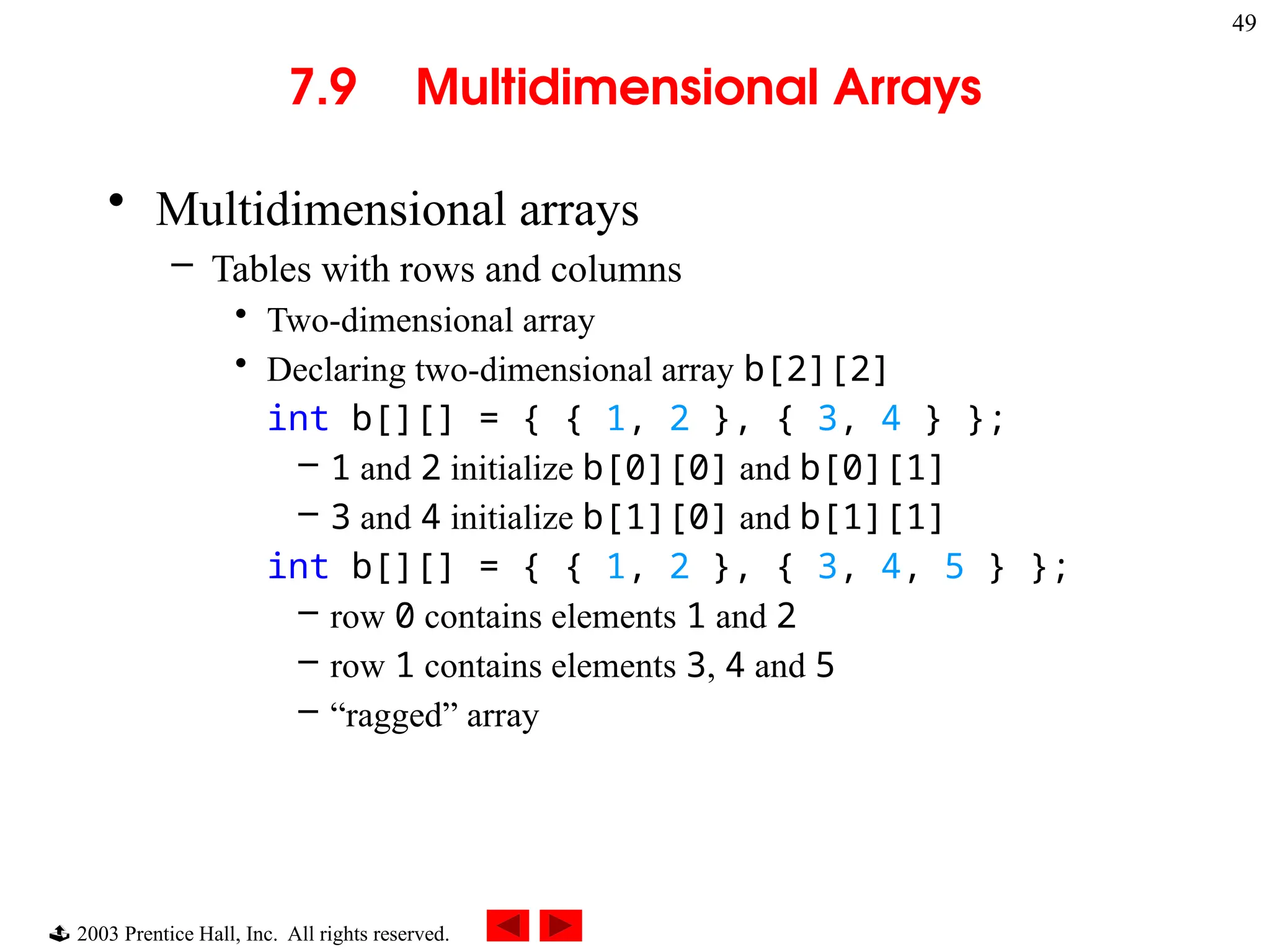  2003 Prentice Hall, Inc. All rights reserved.
49
7.9 Multidimensional Arrays
• Multidimensional arrays
– Tables with rows and columns
• Two-dimensional array
• Declaring two-dimensional array b[2][2]
int b[][] = { { 1, 2 }, { 3, 4 } };
– 1 and 2 initialize b[0][0] and b[0][1]
– 3 and 4 initialize b[1][0] and b[1][1]
int b[][] = { { 1, 2 }, { 3, 4, 5 } };
– row 0 contains elements 1 and 2
– row 1 contains elements 3, 4 and 5
– “ragged” array
 