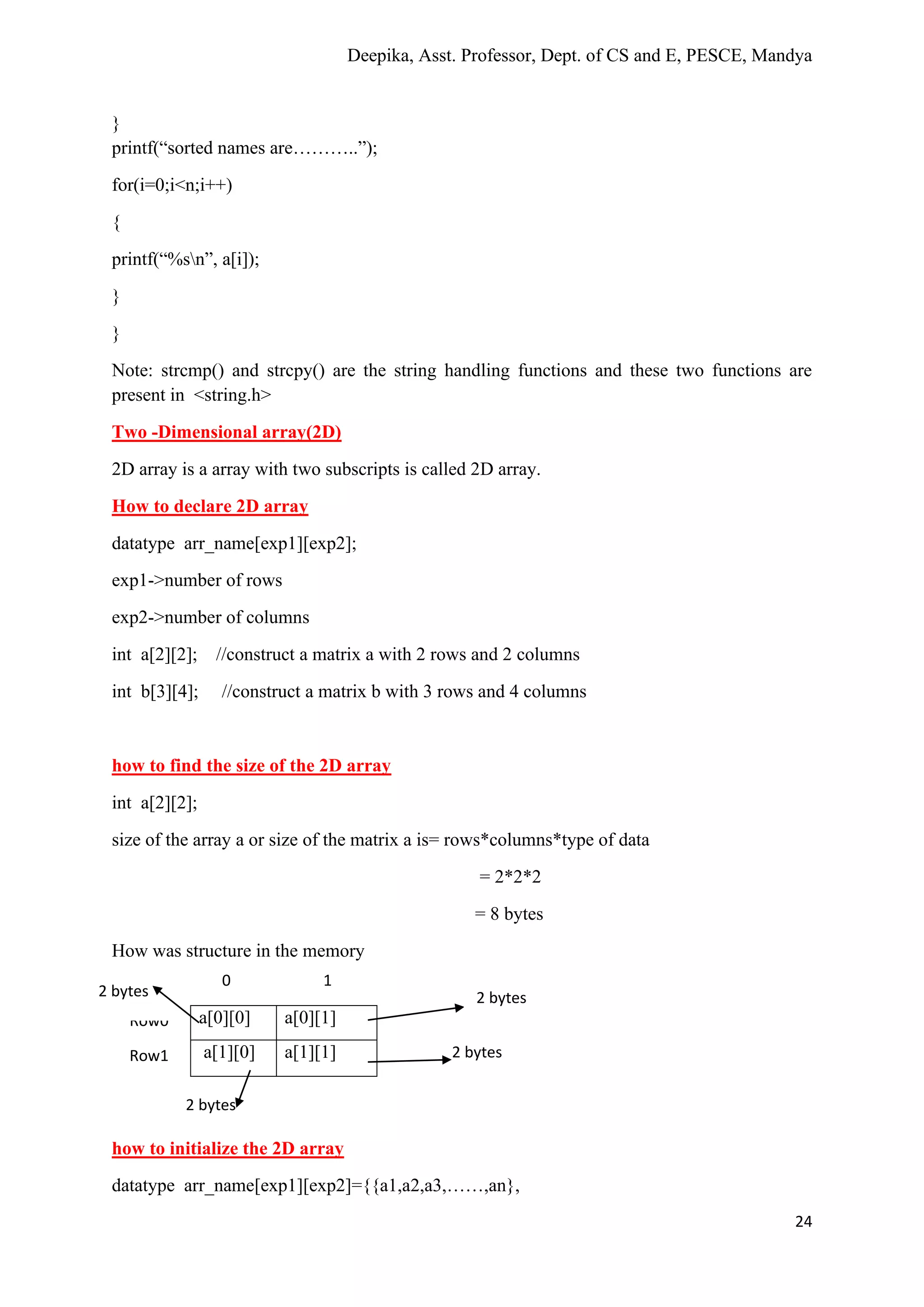 Deepika, Asst. Professor, Dept. of CS and E, PESCE, Mandya
24
}
printf(“sorted names are………..”);
for(i=0;i<n;i++)
{
printf(“%sn”, a[i]);
}
}
Note: strcmp() and strcpy() are the string handling functions and these two functions are
present in <string.h>
Two -Dimensional array(2D)
2D array is a array with two subscripts is called 2D array.
How to declare 2D array
datatype arr_name[exp1][exp2];
exp1->number of rows
exp2->number of columns
int a[2][2]; //construct a matrix a with 2 rows and 2 columns
int b[3][4]; //construct a matrix b with 3 rows and 4 columns
how to find the size of the 2D array
int a[2][2];
size of the array a or size of the matrix a is= rows*columns*type of data
= 2*2*2
= 8 bytes
How was structure in the memory
how to initialize the 2D array
datatype arr_name[exp1][exp2]={{a1,a2,a3,……,an},
a[0][0] a[0][1]
a[1][0] a[1][1]
Row0
Row1
0 1
2 bytes
2 bytes
2 bytes
2 bytes
 