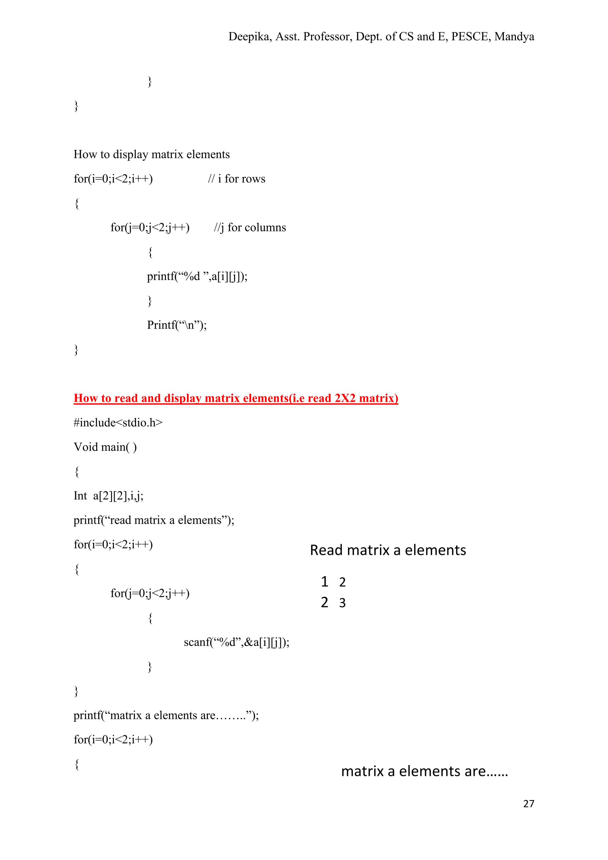 Deepika, Asst. Professor, Dept. of CS and E, PESCE, Mandya
27
}
}
How to display matrix elements
for(i=0;i<2;i++) // i for rows
{
for(j=0;j<2;j++) //j for columns
{
printf(“%d ”,a[i][j]);
}
Printf(“n”);
}
How to read and display matrix elements(i.e read 2X2 matrix)
#include<stdio.h>
Void main( )
{
Int a[2][2],i,j;
printf(“read matrix a elements”);
for(i=0;i<2;i++)
{
for(j=0;j<2;j++)
{
scanf(“%d”,&a[i][j]);
}
}
printf(“matrix a elements are……..”);
for(i=0;i<2;i++)
{
1 2
2 3
Read matrix a elements
matrix a elements are……
 