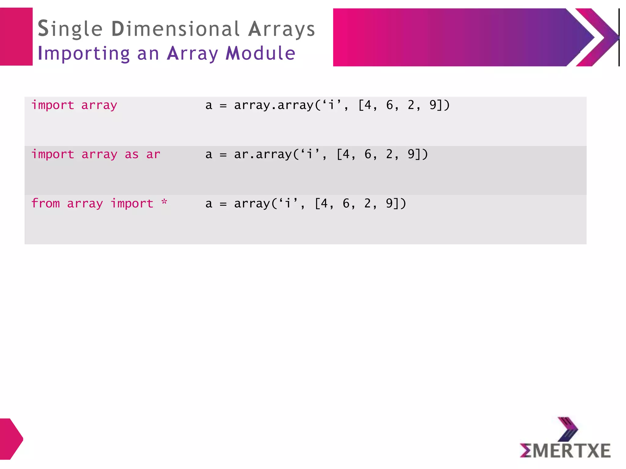 Single Dimensional Arrays
Importing an Array Module
import array a = array.array(‘i’, [4, 6, 2, 9])
import array as ar a = ar.array(‘i’, [4, 6, 2, 9])
from array import * a = array(‘i’, [4, 6, 2, 9])
 