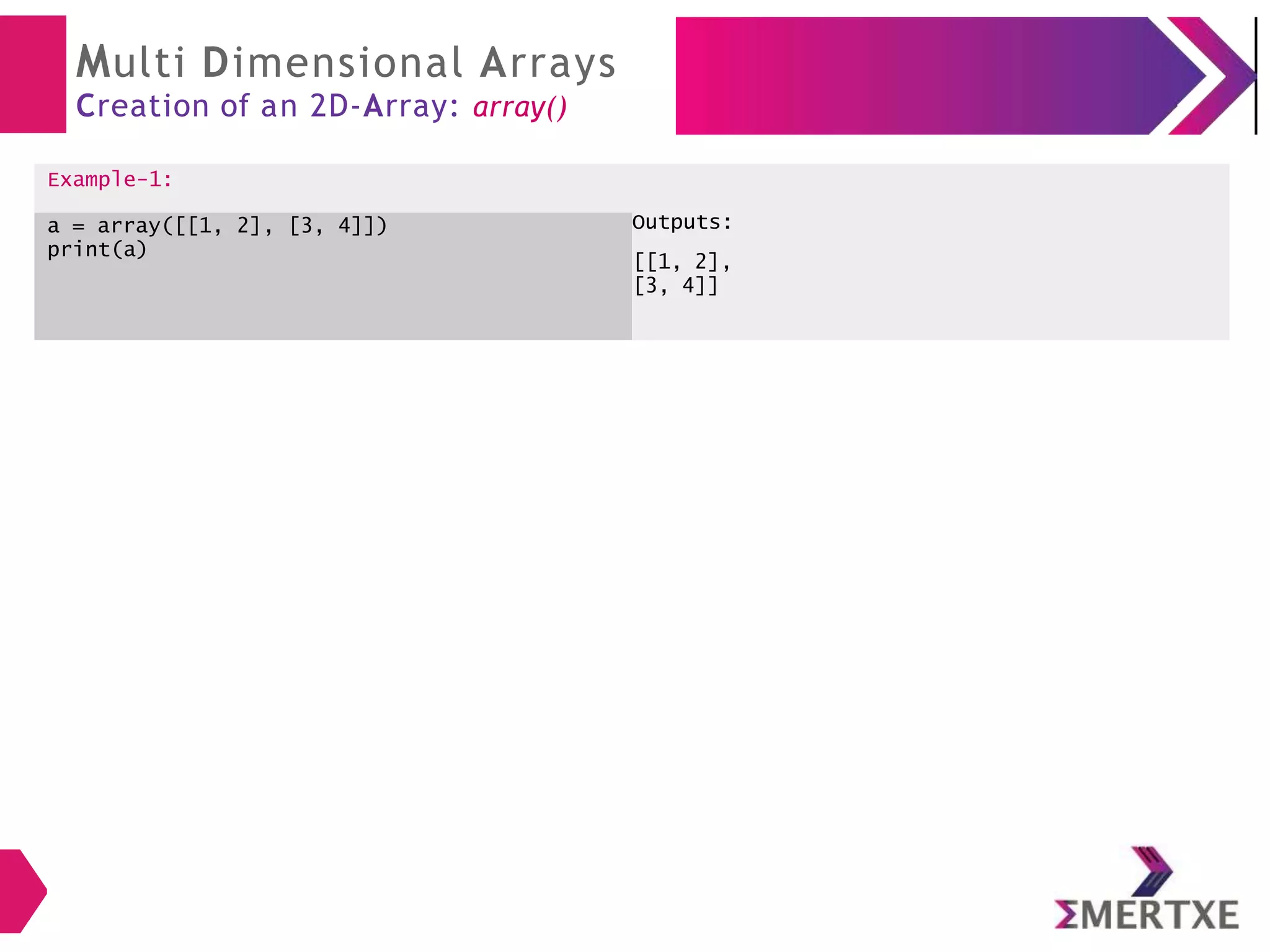 Multi Dimensional Arrays
Creation of an 2D-Array: array()
Example-1:
a = array([[1, 2], [3, 4]]) Outputs:
print(a)
[[1, 2],
[3, 4]]
 