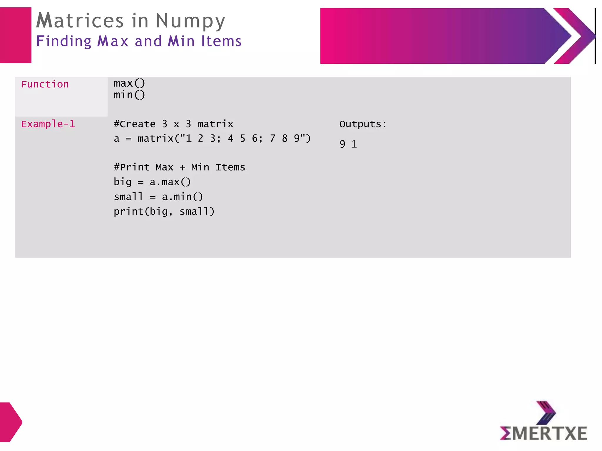 Matrices in Numpy
Finding Max and Min Items
Function max()
min()
Example-1 #Create 3 x 3 matrix
a = matrix("1 2 3; 4 5 6; 7 8 9")
#Print Max + Min Items
big = a.max()
small = a.min()
print(big, small)
Outputs:
9 1
 