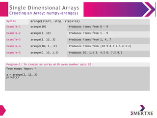 Single Dimensional Arrays
Creating an Array: numpy-arange()
Syntax arange(start, stop, stepsize)
Example-1 arange(10) Produces items from 0 - 9
Example-2 arange(5, 10) Produces items from 5 - 9
Example-3 arange(1, 10, 3) Produces items from 1, 4, 7
Example-4 arange(10, 1, -1) Produces items from [10 9 8 7 6 5 4 3 2]
Example-5 arange(0, 10, 1.5) Produces [0. 1.5 3. 4.5 6. 7.5 9.]
Program-1: To create an array with even number upto 10
from numpy import *
a = arange(2, 11, 2)
print(a)
 