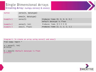 Single Dimensional Arrays
Creating Array: numpy-zeros() & ones()
Syntax zeros(n, datatype)
ones(n, datatype)
Example-1 zeros(5)
Example-2 zeros(5, int)
Example-3 ones(5, float)
Produces items [0. 0. 0. 0. 0.]
Default datatype is float
Produces items [0 0 0 0 0]
Produces items [1. 1. 1. 1. 1.]
Program-1: To create an array using zeros() and ones()
from numpy import *
a = zeros(5, int)
print(a)
b = ones(5) #Default datatype is float
print(b)
 