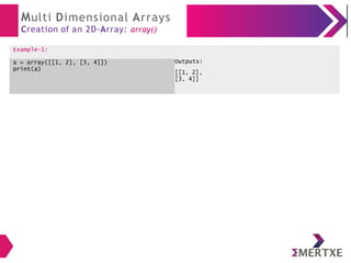 Multi Dimensional Arrays
Creation of an 2D-Array: array()
Example-1:
a = array([[1, 2], [3, 4]]) Outputs:
print(a)
[[1, 2],
[3, 4]]
 